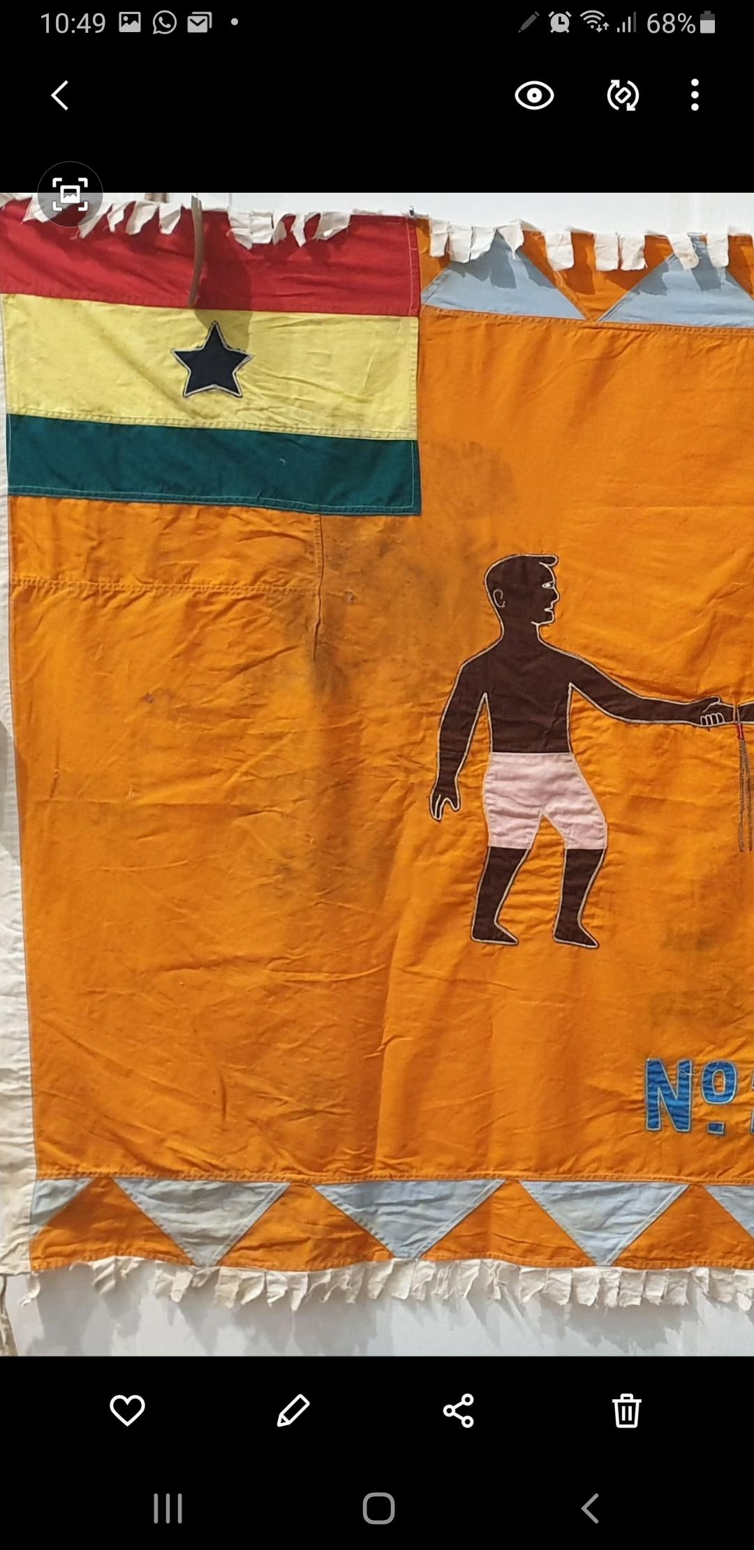 This is a fine Asafo Flag from the Fante people of the Cape Coast of Ghana . This exceptional example is by renowned documented Flag maker 'Kwamina Amoaku '. Kwamina Amoaku lived and worked in the Cape Coast region from 1900 until 1985. 
Asafo