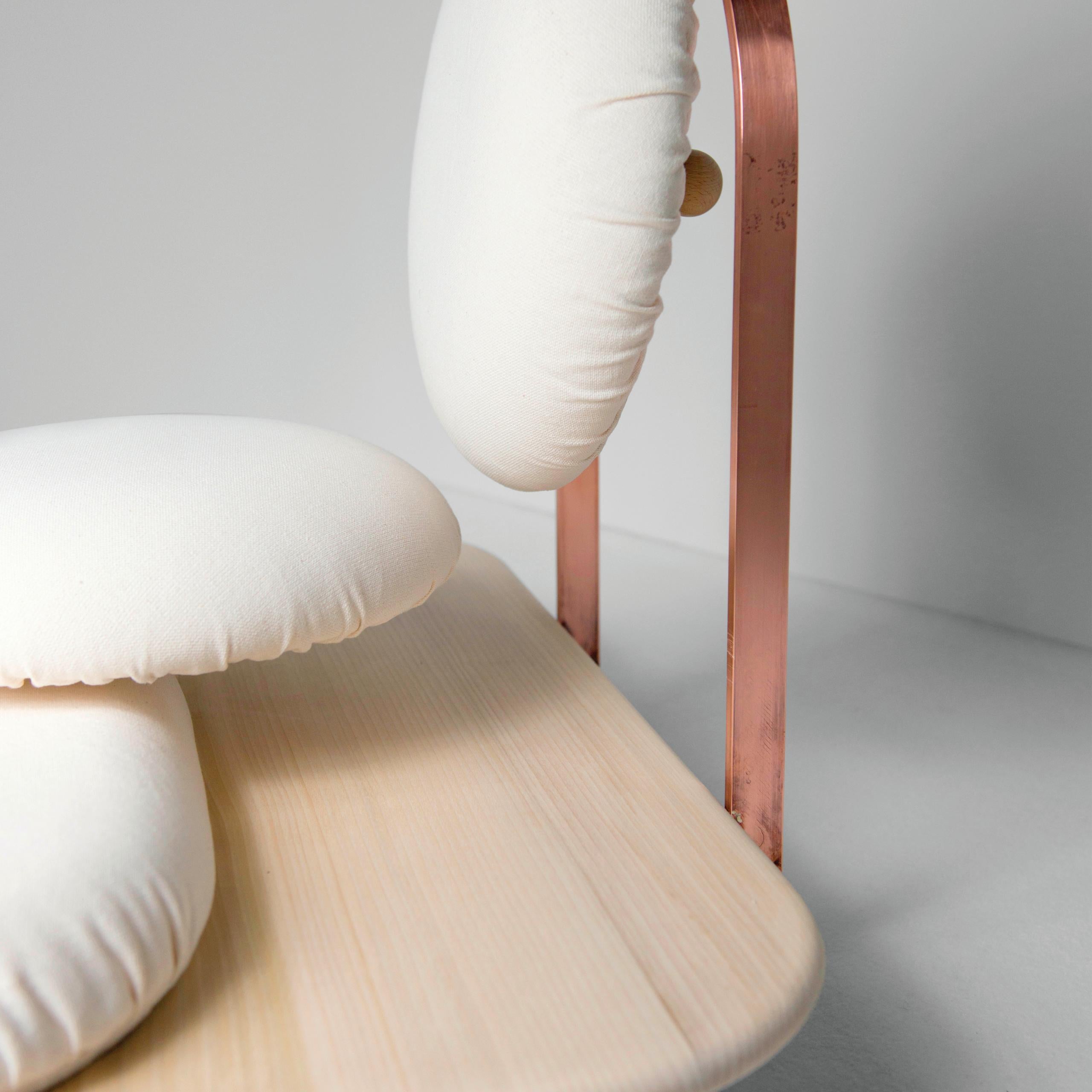 Modern ASANA Ground Chair, Neutral Cotton, Copper Frame and Wooden Base by Mario Milana For Sale