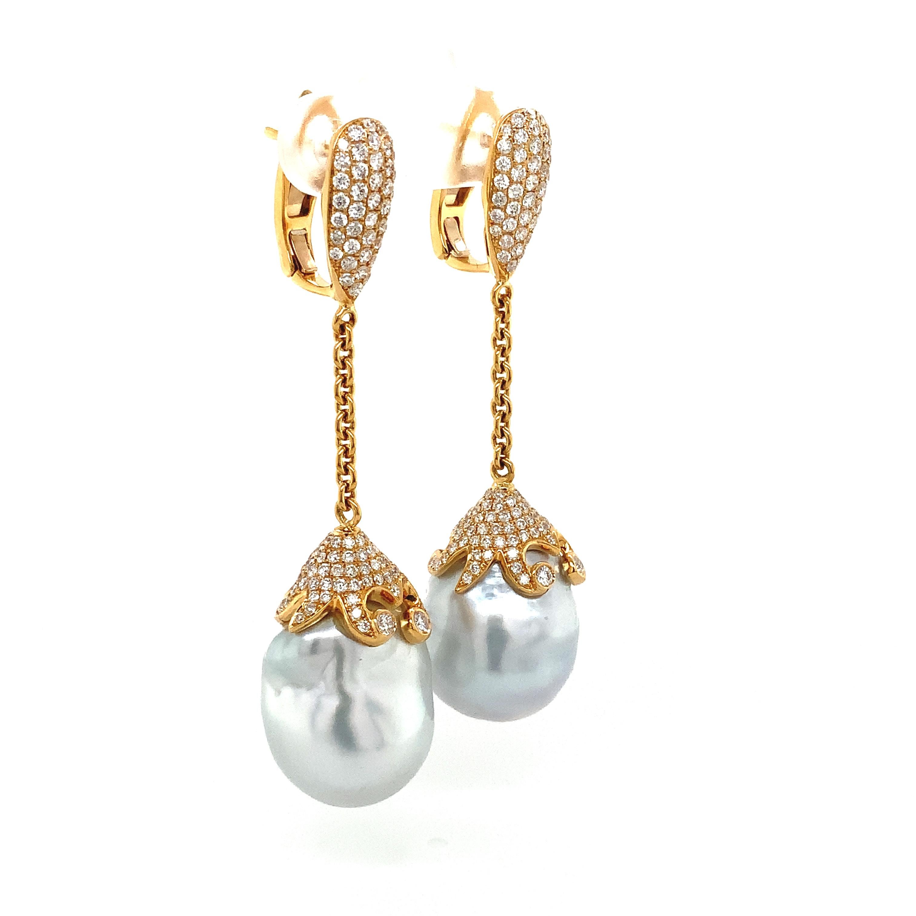 ASBA Collection White South Sea Baroque Pearl and Pavé Diamond Set 18Kt Yellow Gold Earrings. These exquisitely Pavéd Pearl caps reflect the nature of the Sea, representing life from where they were cultivated. These earrings are very elegant and