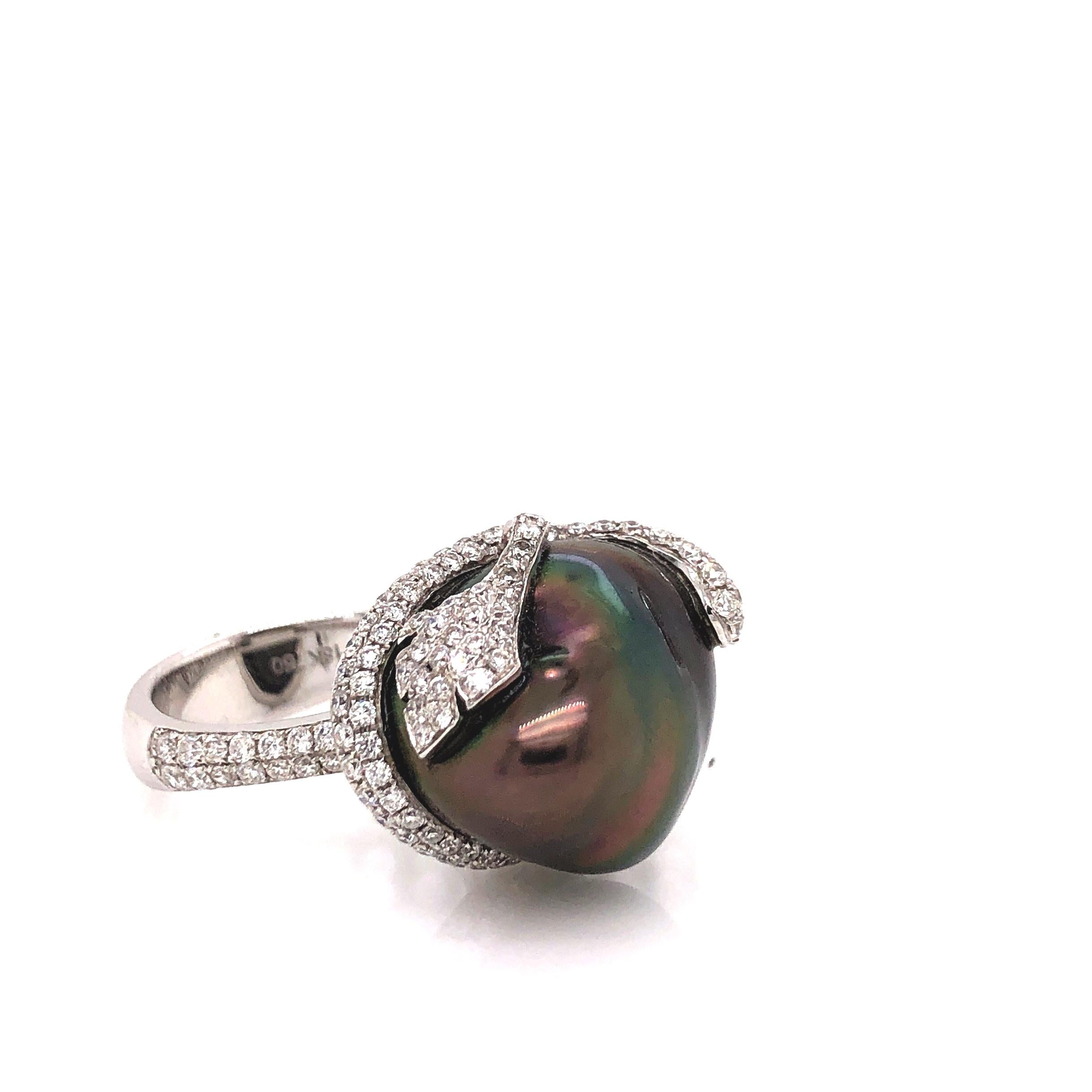 Brilliant Cut ASBA Collection Black Tahitian Keshi Peal Ring Pavé Diamond Design 1.29 14k For Sale