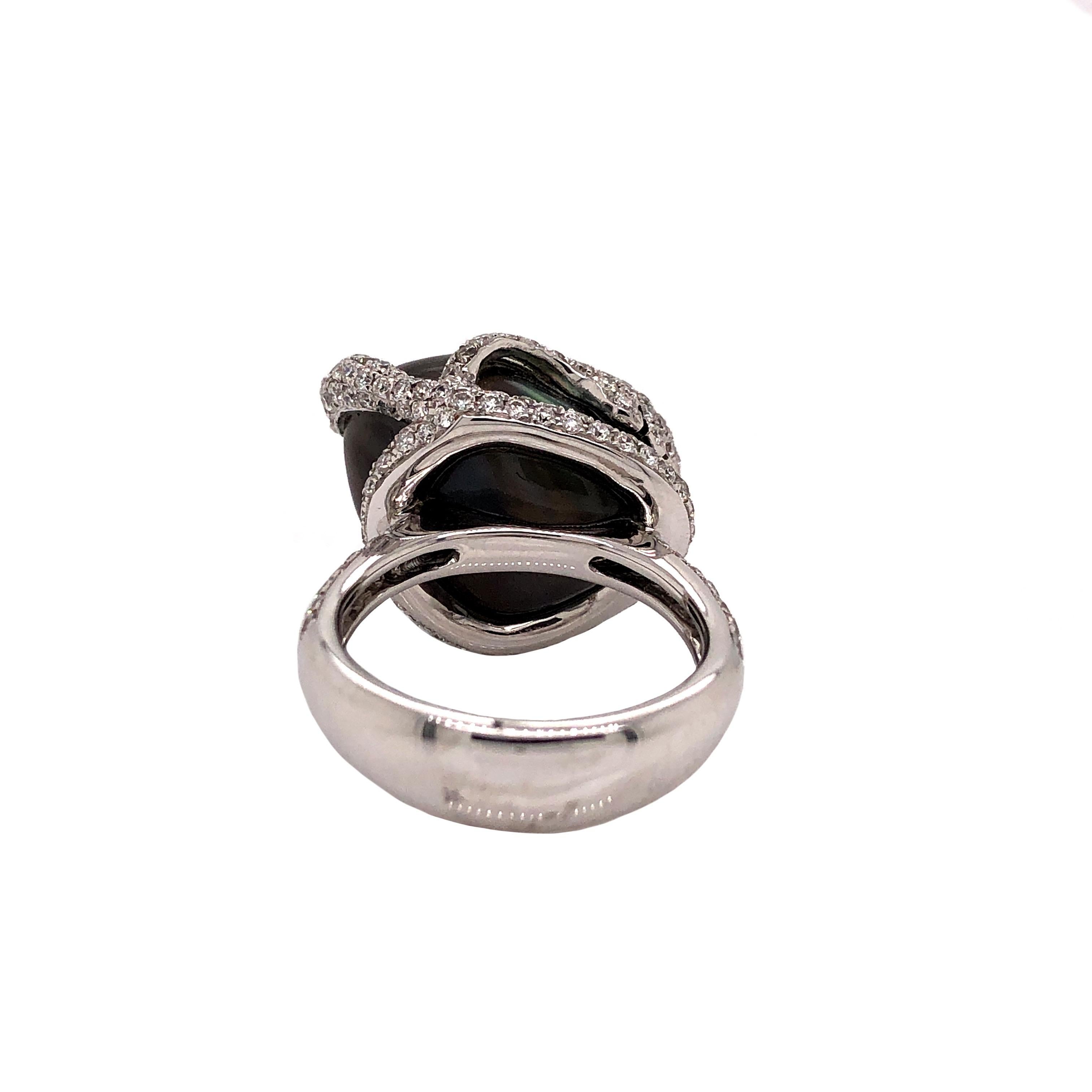 ASBA Collection Black Tahitian Keshi Peal Ring Pavé Diamond Design 1.29 14k In New Condition For Sale In Los Gatos, CA