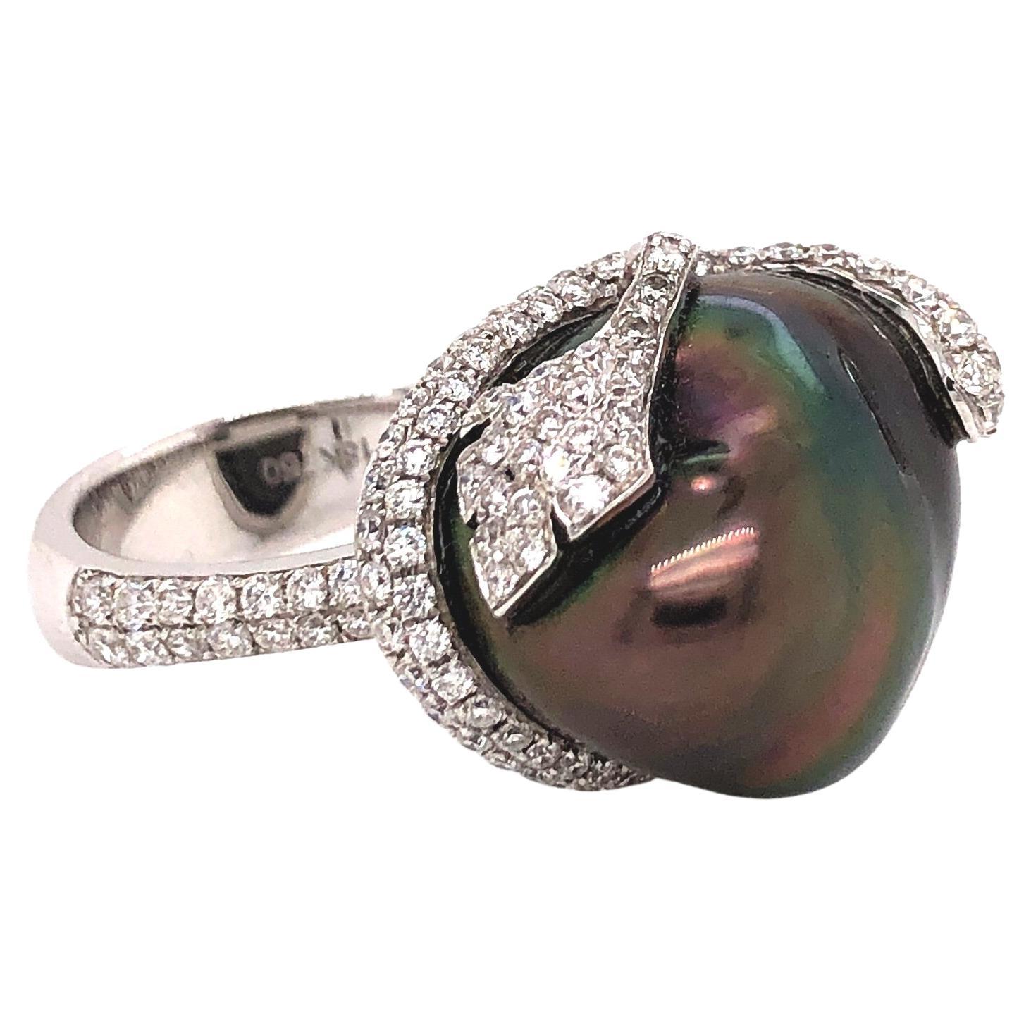 ASBA Collection Black Tahitian Keshi Peal Ring Pavé Diamond Design 1.29 14k For Sale