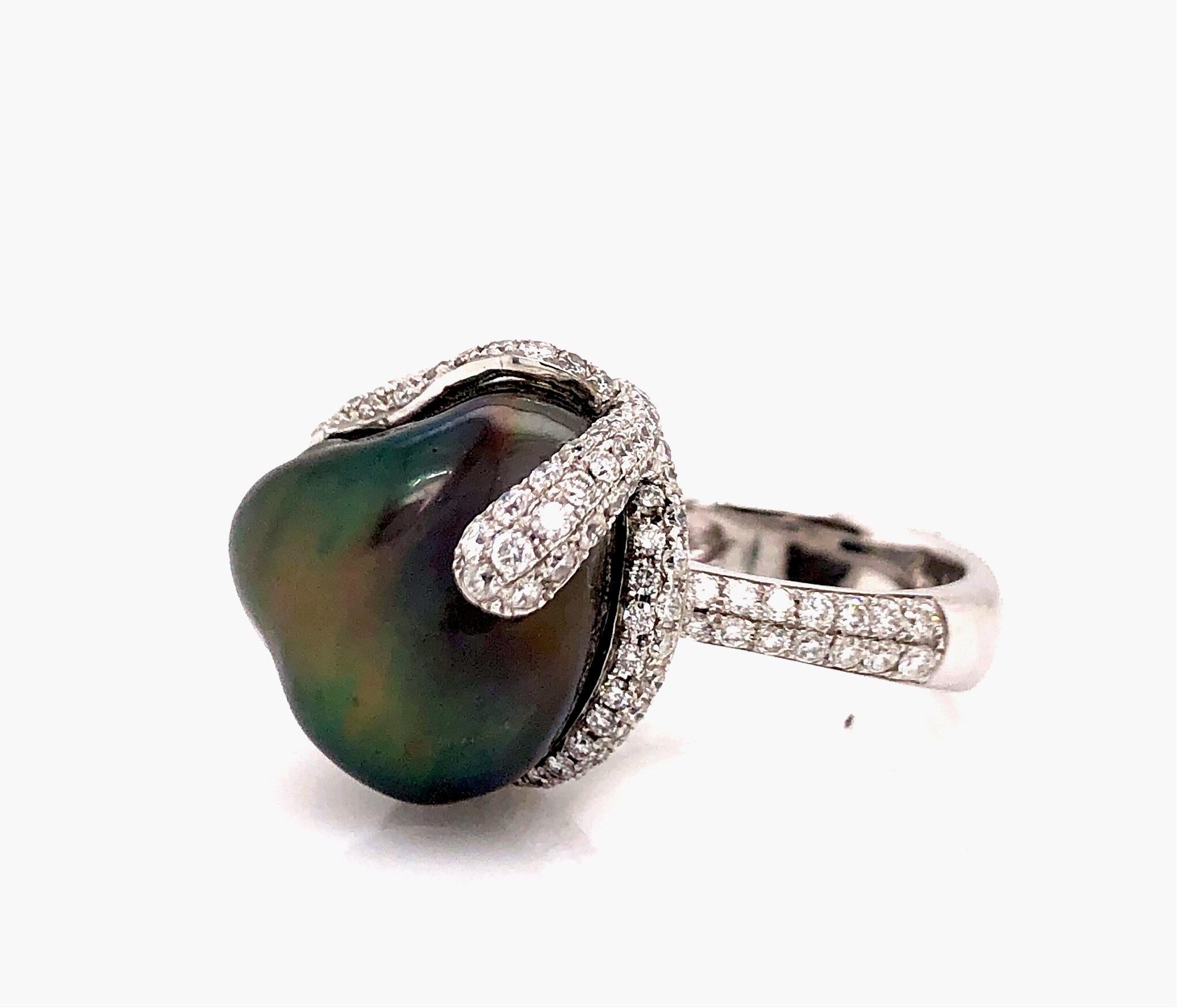 Women's ASBA Collection Black Tahitian Keshi Pearl  Pavé Diamond  1..29 ct. Ring 14K For Sale