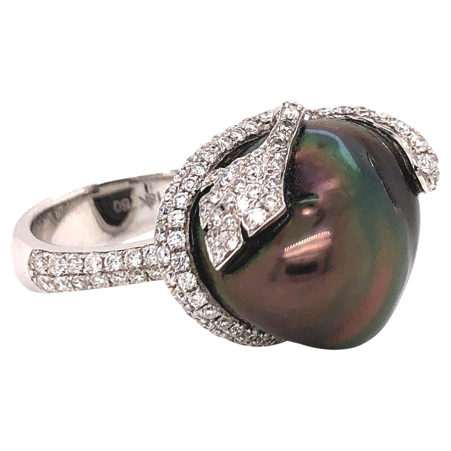 Collection ASBA perle Keshi noire de Tahiti  Diamant pavé  1..29 ct. Bague 14K en vente