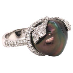 ASBA Collection Black Tahitian Keshi Pearl  Pavé Diamond  1..29 ct. Ring 14K