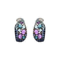 ASBA Collection Blue Sapphire, Amethyst, Topaz Ombre and Diamond Hoop Earrings