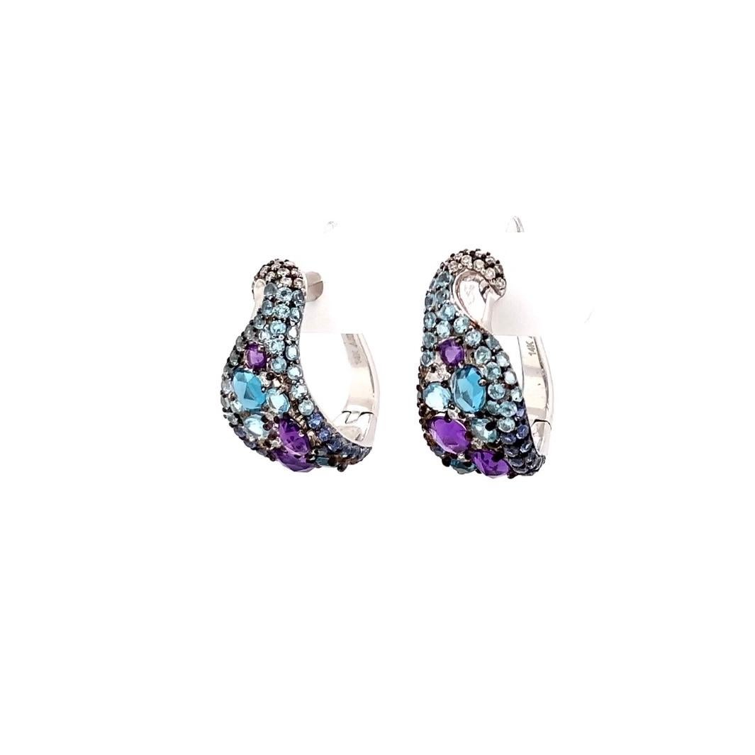 ASBA Collection Blue Sapphire, Amethyst, Topaz Ombre and Diamond Hoop Earrings In New Condition For Sale In Los Gatos, CA