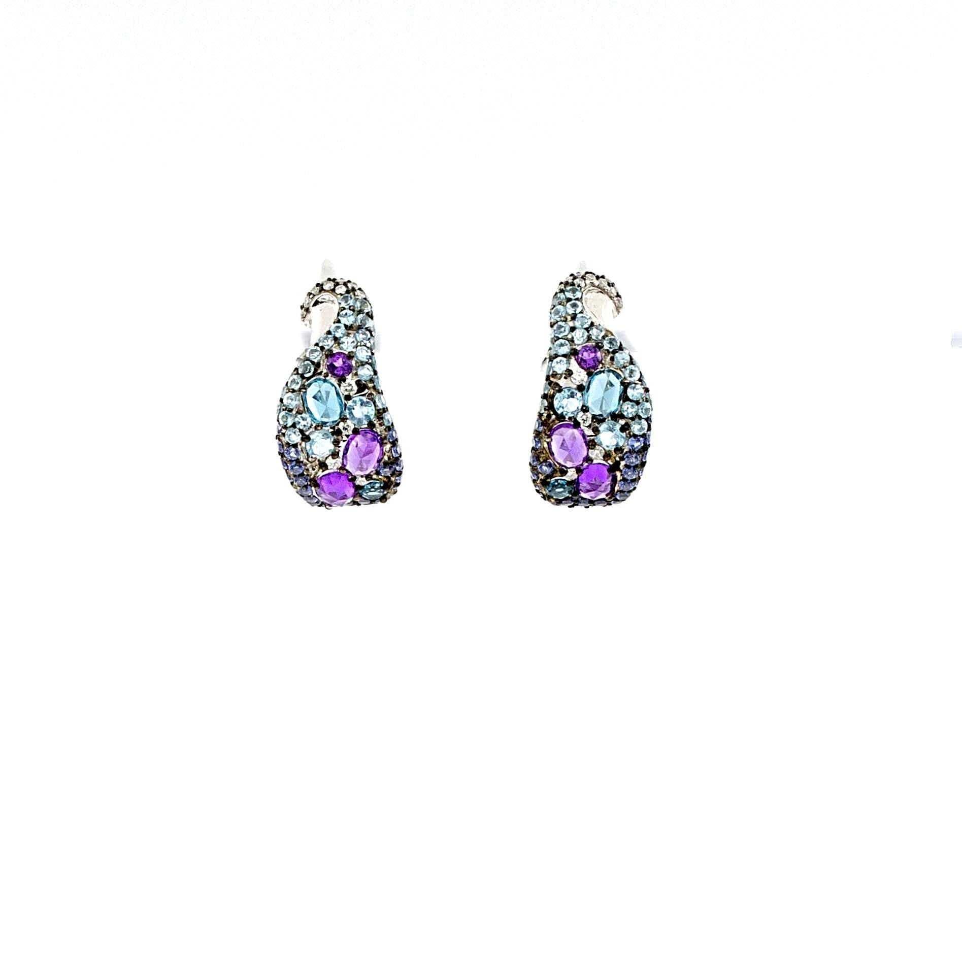 Women's ASBA Collection Blue Sapphire, Amethyst, Topaz Ombre and Diamond Hoop Earrings For Sale