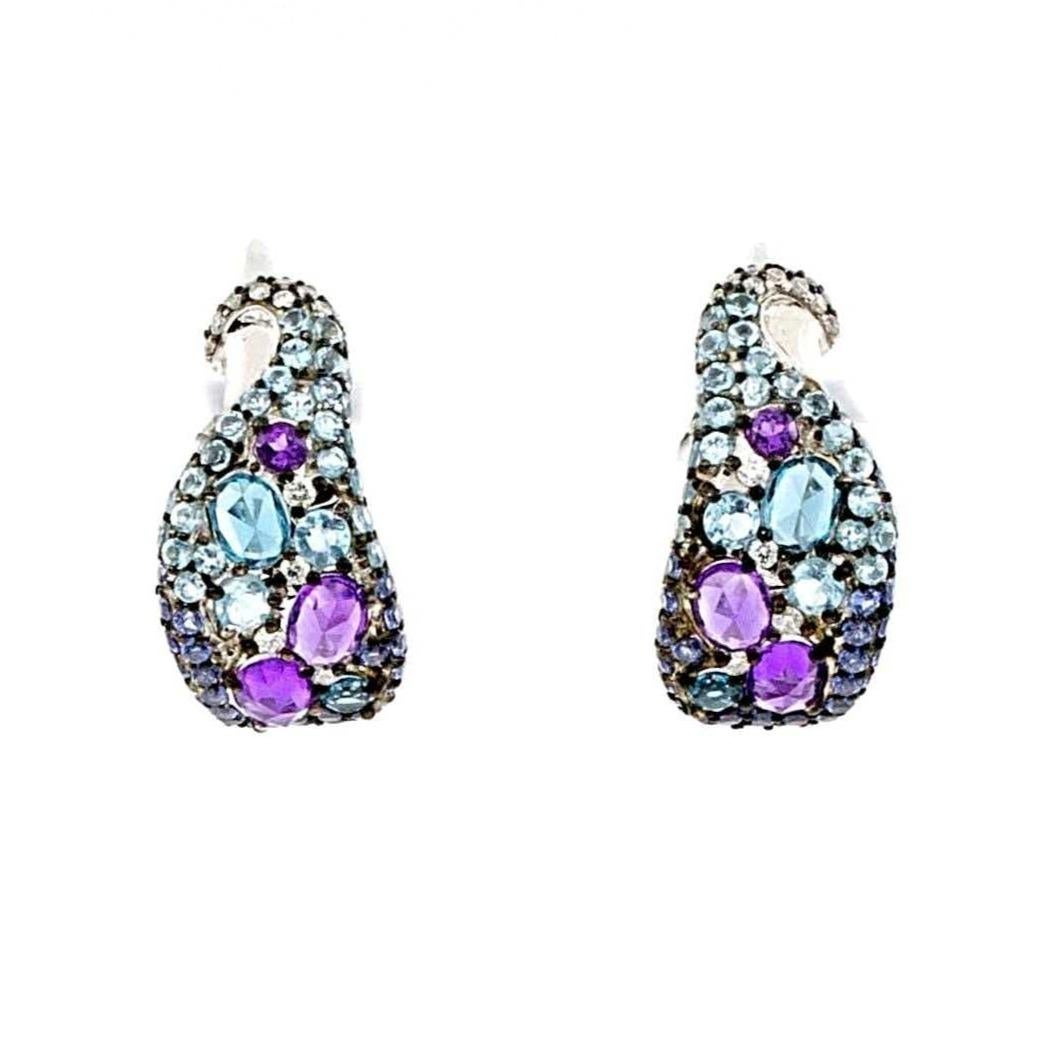 ASBA Collection Blue Sapphire, Amethyst, Topaz Ombre and Diamond Hoop Earrings For Sale 1