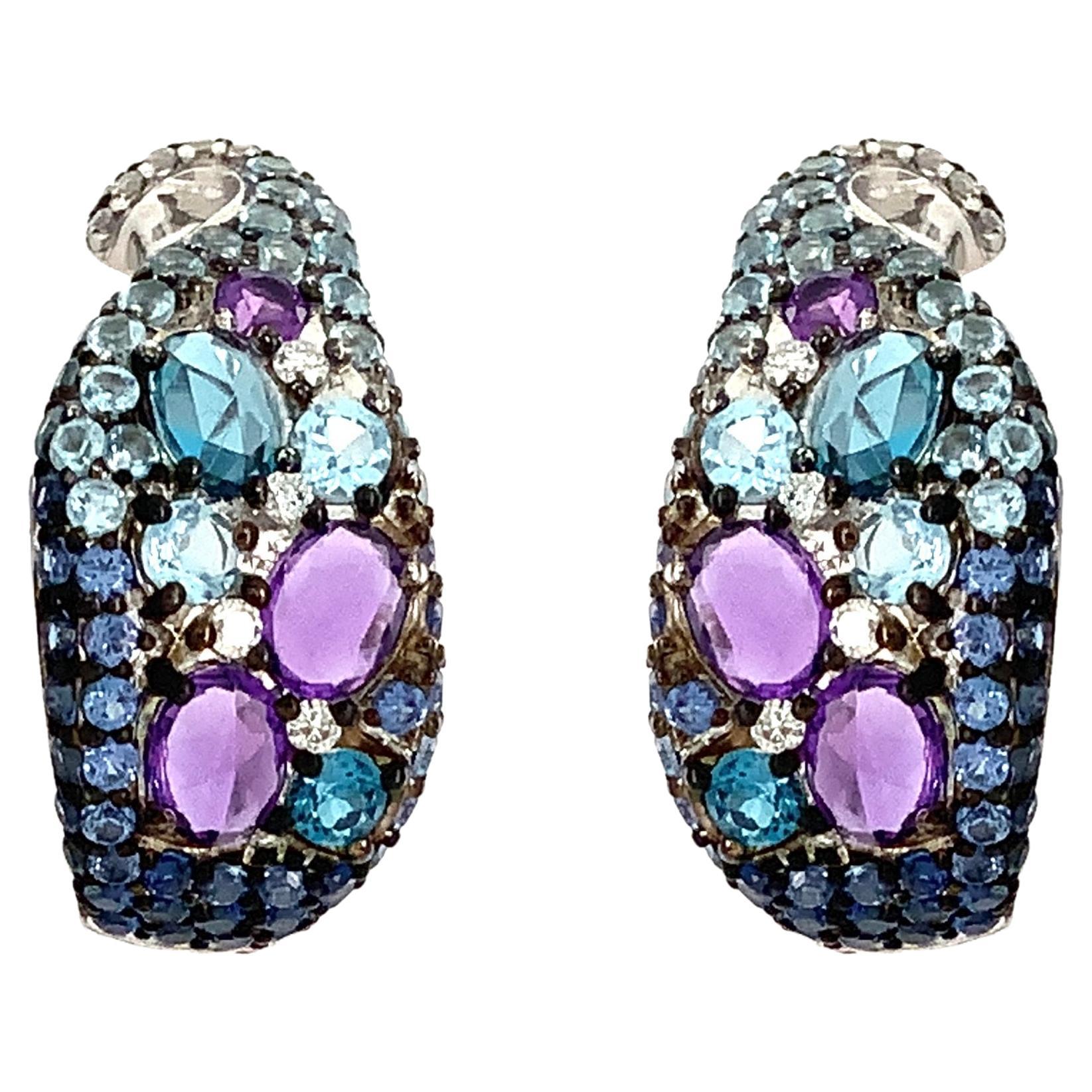 ASBA Collection Blue Sapphire, Amethyst, Topaz Ombre and Diamond Hoop Earrings