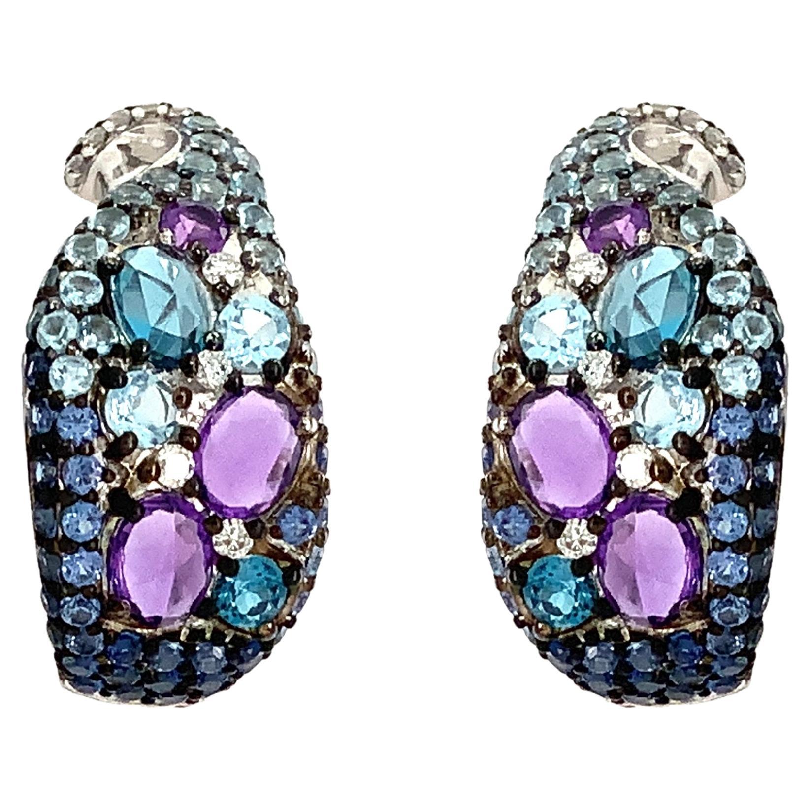 ASBA Collection Blue Sapphire, Amethyst, Topaz Ombre and Diamond Hoop Earrings