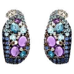 Pendientes de aro de zafiro azul, amatista, topacio ombre y diamantes de la Colección ASBA