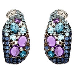 ASBA Collection Blue Sapphire, Amethyst, Topaz Ombre and Diamond Hoop Earrings