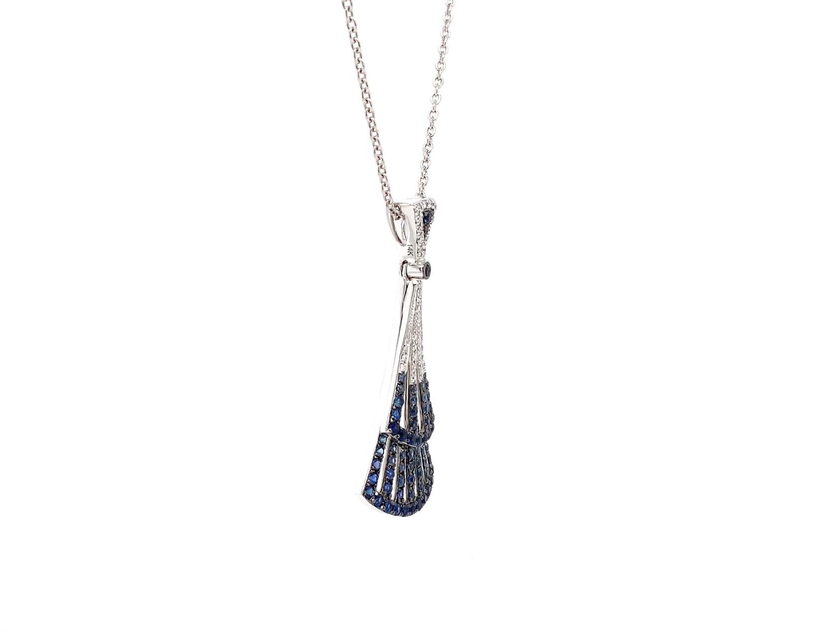Art Deco ASBA Collection Blue Sapphire and Diamond Paved Lavalier Pendant in 14 Karat For Sale
