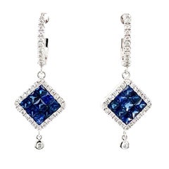 ASBA Collection Ceylon Blue Sapphire Princess Cut Invisibly Set and Diamond Drop