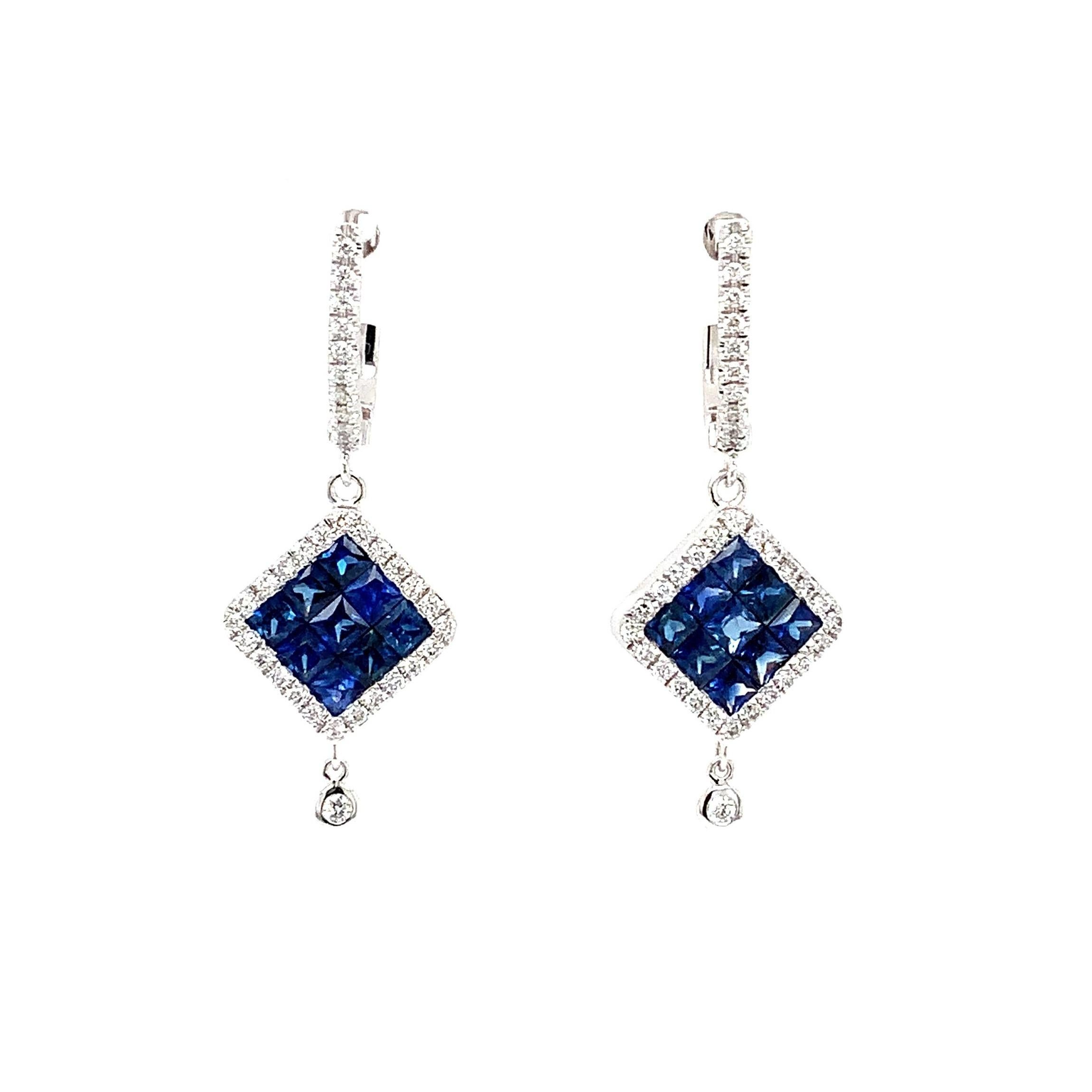 Brilliant Cut ASBA Collection Ceylon Blue Sapphire Princess Cut Invisibly Set and Diamond Drop For Sale