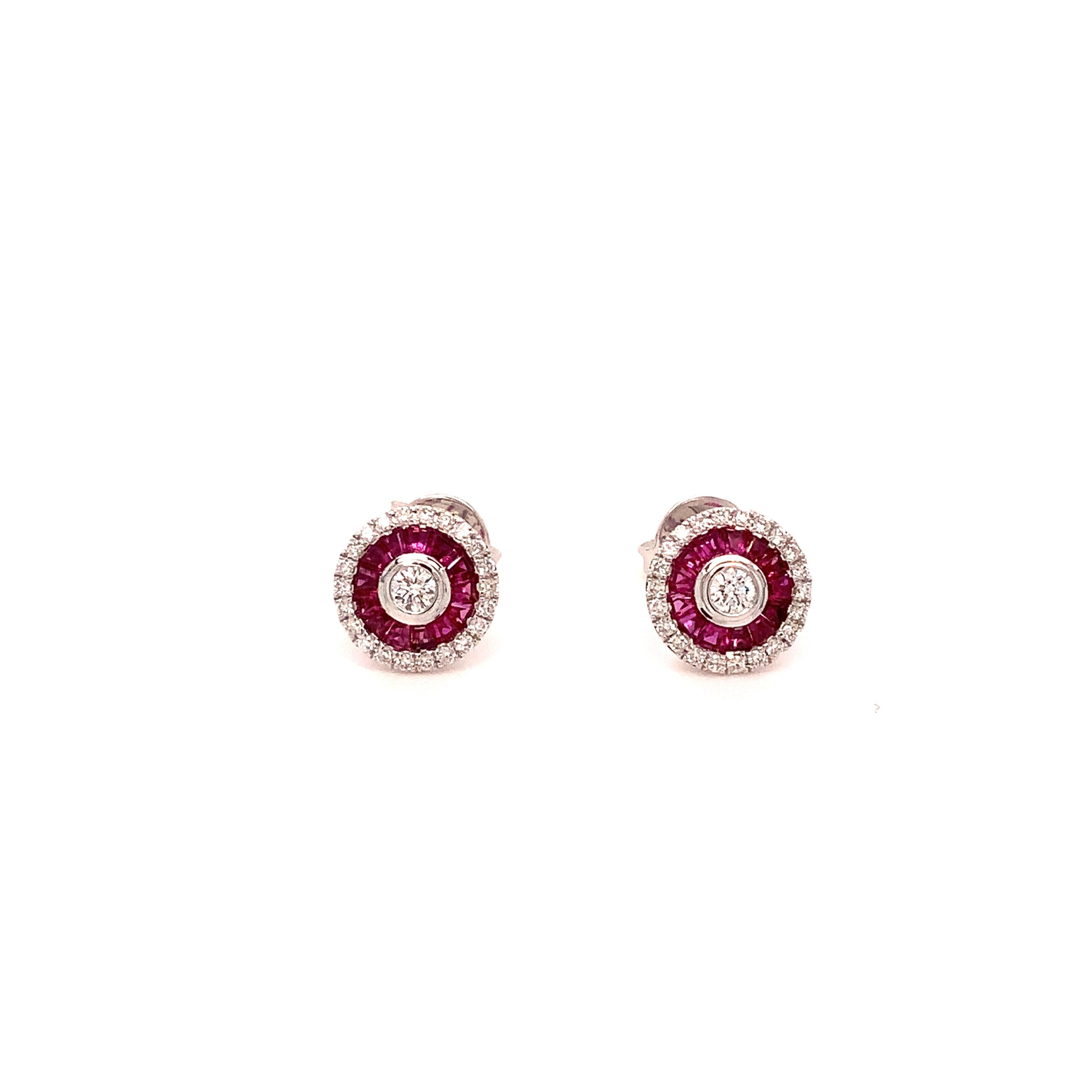 Art Deco ASBA Collection Deco Style Ruby Baguette and Brilliant Cut Diamond Earring For Sale