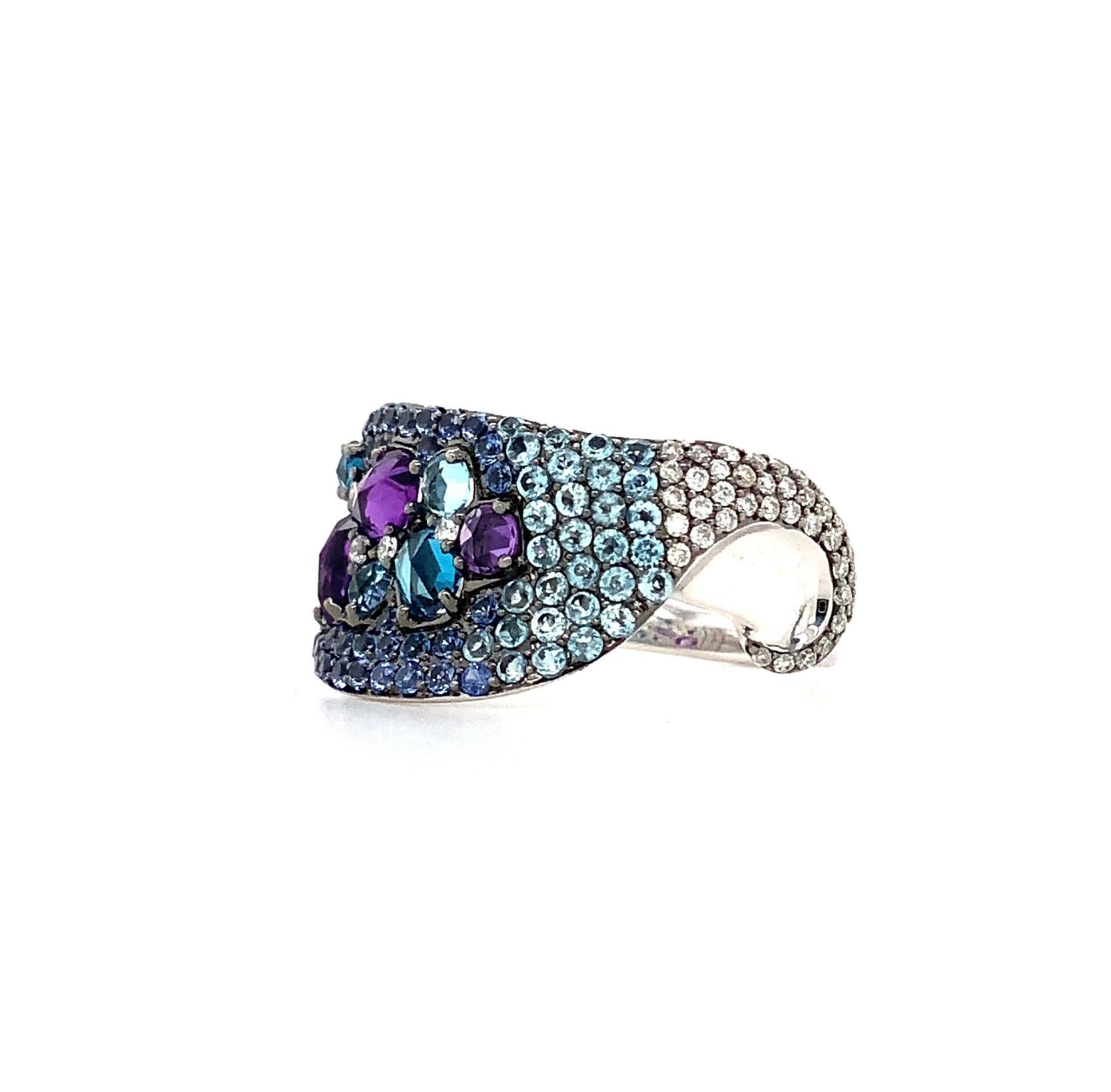ASBA Collection Ombre Pave Blue Sapphire, Diamond, Blue Topaz and Amethyst Ring In New Condition For Sale In Los Gatos, CA