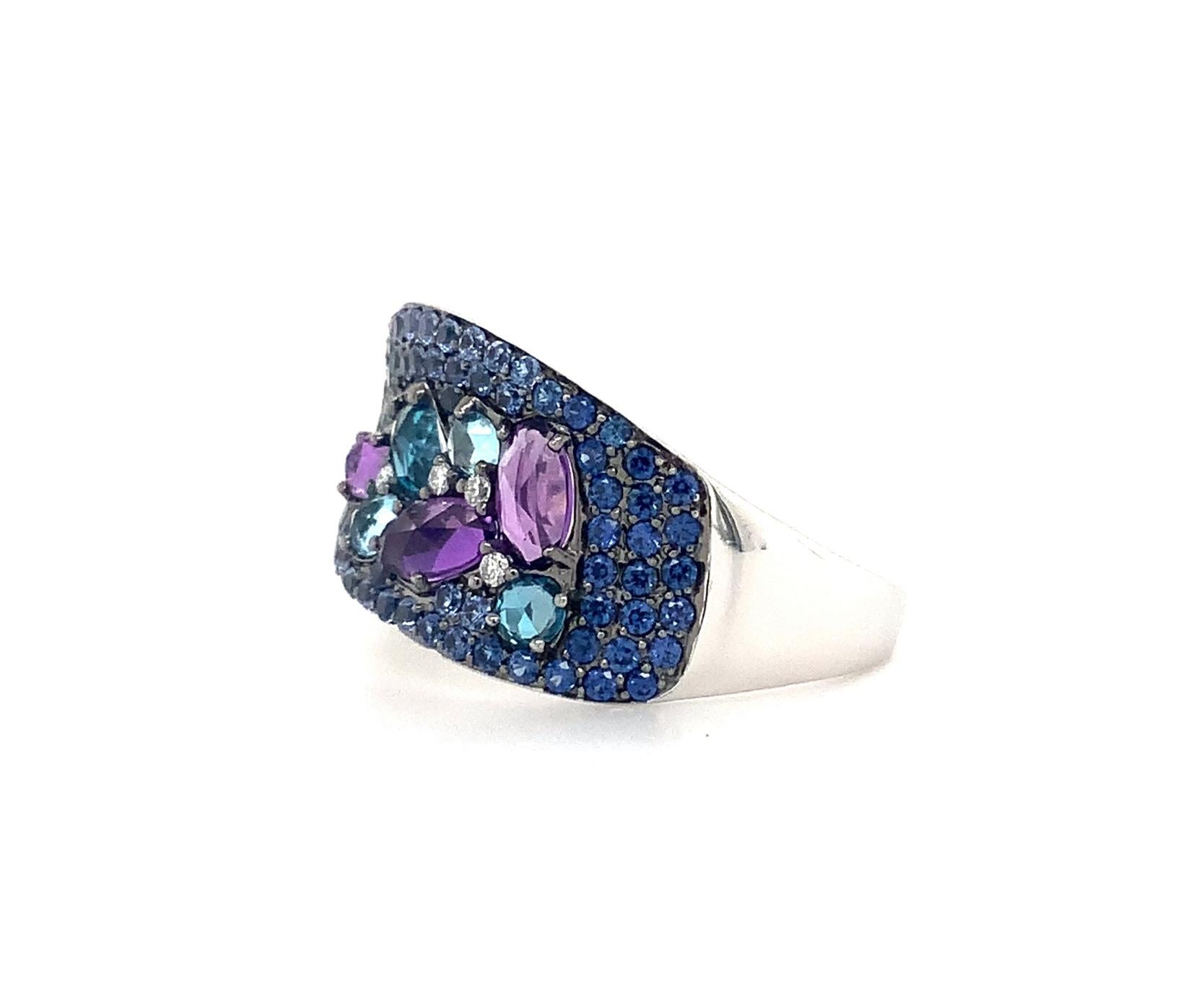 ASBA Collection Ombre Pave Blue Sapphire, Diamond, Blue Topaz and Amethyst Ring For Sale 1