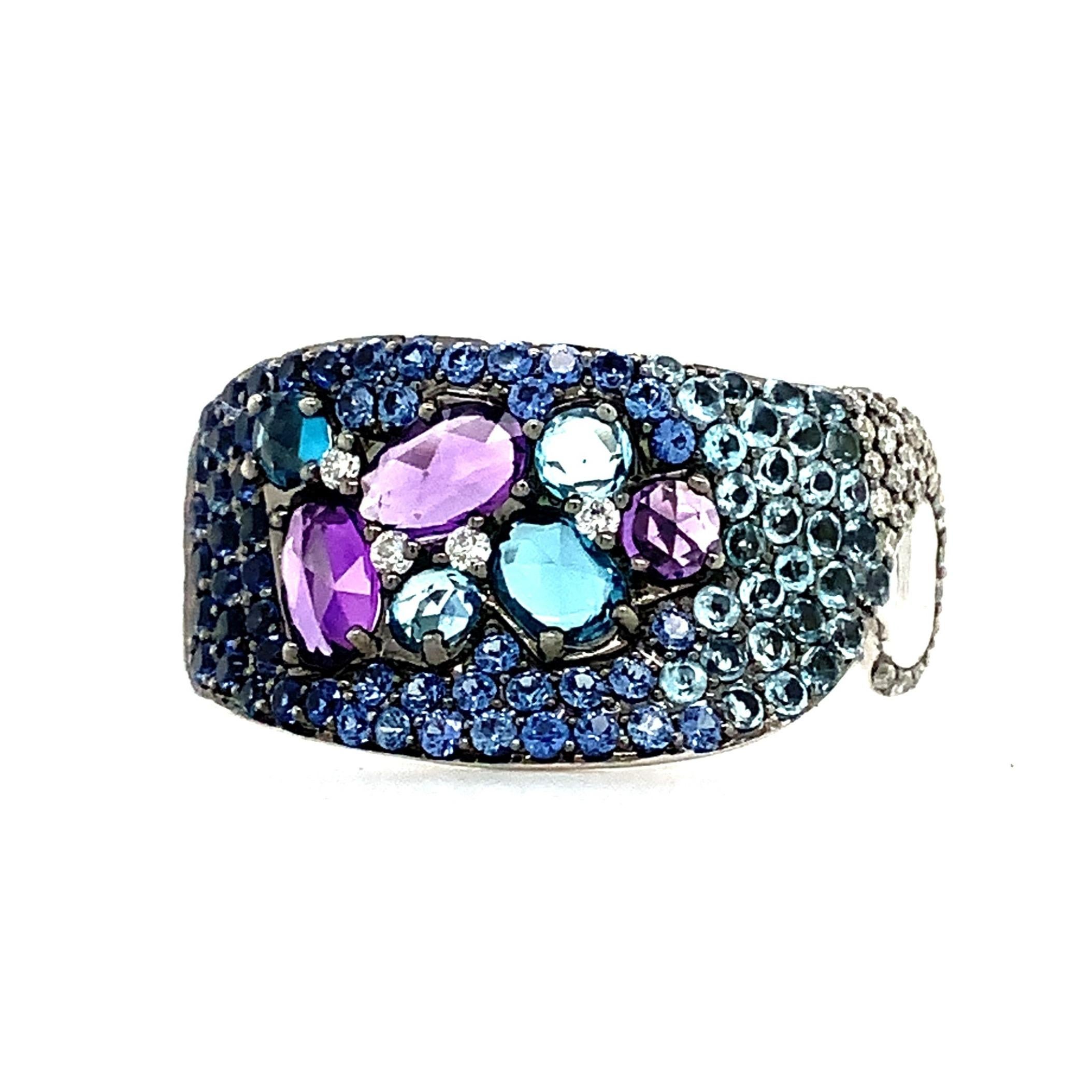 ASBA Collection Ombre Pave Blue Sapphire, Diamond, Blue Topaz and Amethyst Ring For Sale 2