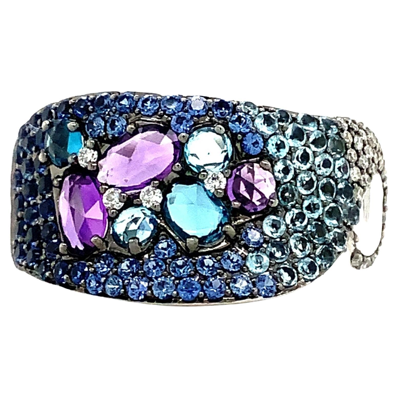 ASBA Collection Ombre Pave Blue Sapphire, Diamond, Blue Topaz and Amethyst Ring For Sale