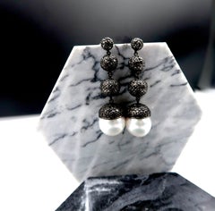 Ascending Black Diamond Pavé Balls with White South Sea Pearl Drop Earrings