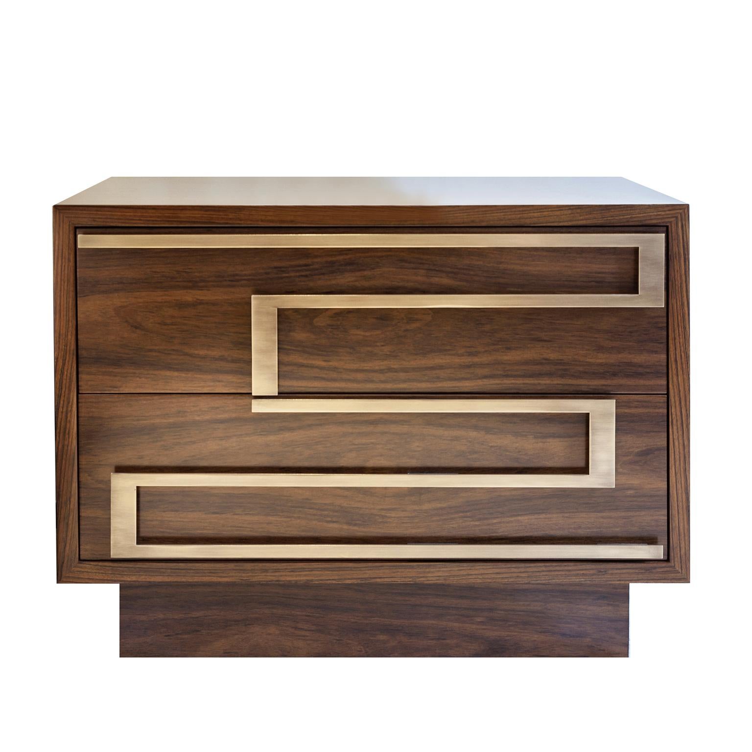 Italian Ascens Nightstand with Two Drawers in Brazilian Walnut and Brass Handles For Sale