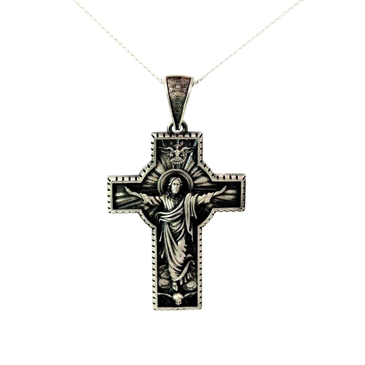 Herrenanhänger „Ascension Engraved Jesus in Cross“ für ihn aus massivem Silberschmuck (Art déco) im Angebot