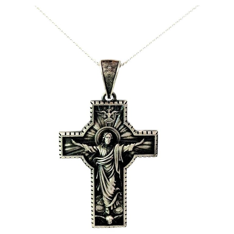 Ancienne croix en métal argenté crucifix catholique pendentif - France