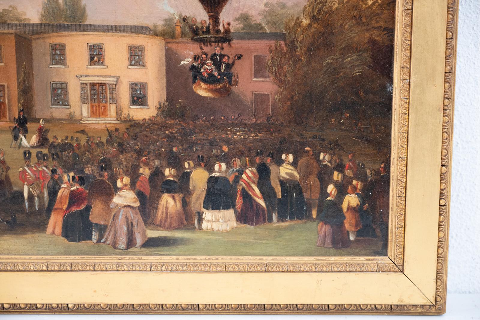 Charming naive school oil on canvas depiction of the ascent of Charles Green’s Nassau Balloon from Cremorne House, Chelsea in 1845

Painter unknown, England circa 1850

This painting was originally offered for sale in 1936 part of a consignment