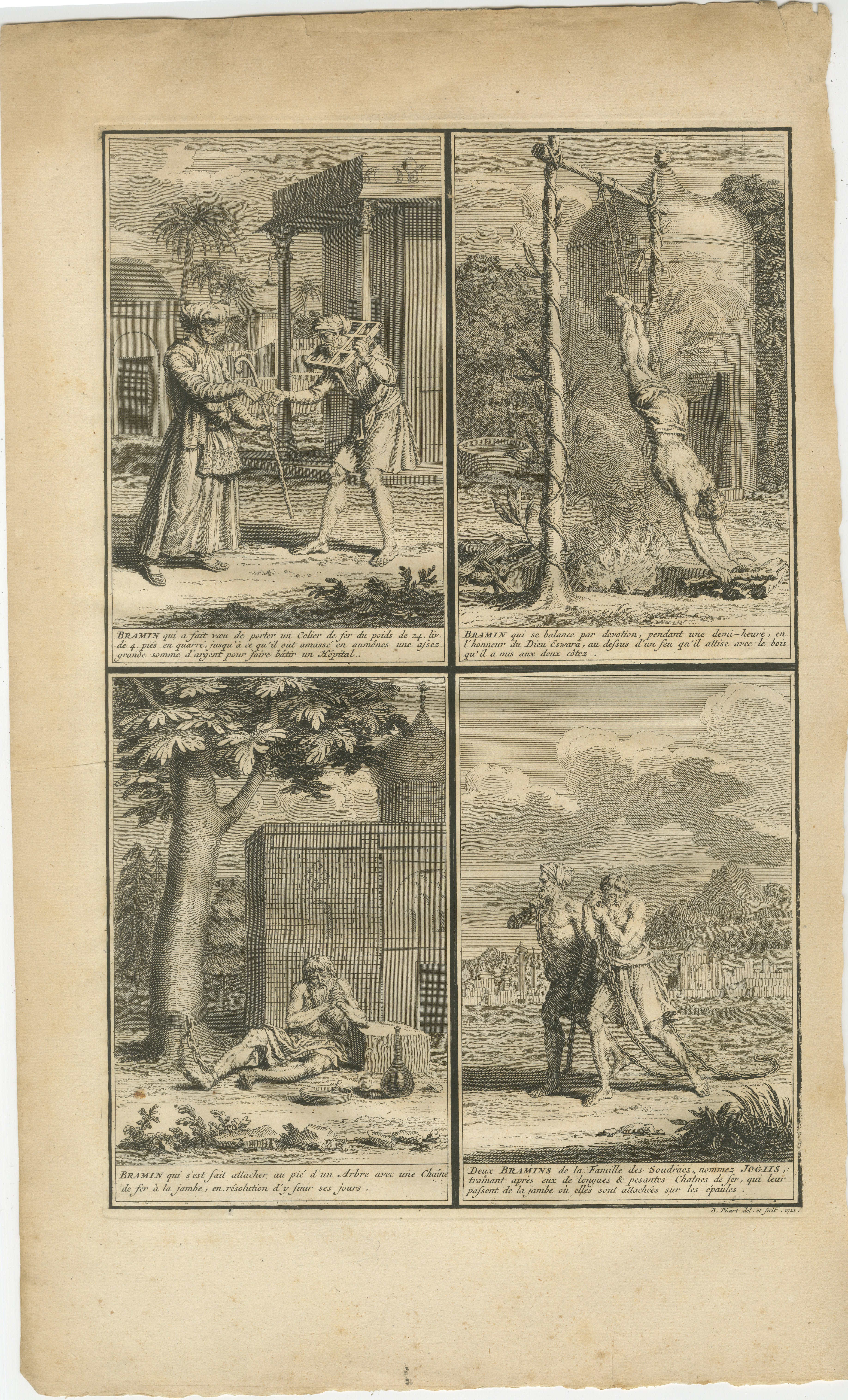 Asketische Praktiken der Brahmanen: Rituale der Buße und spirituelle Autorität

Informationen über den Macher und das Werk:

Dieser Kupferstich ist ein Werk von Bernard Picart aus dem Jahr 1721. Bernard Picart war ein französischer Kupferstecher,