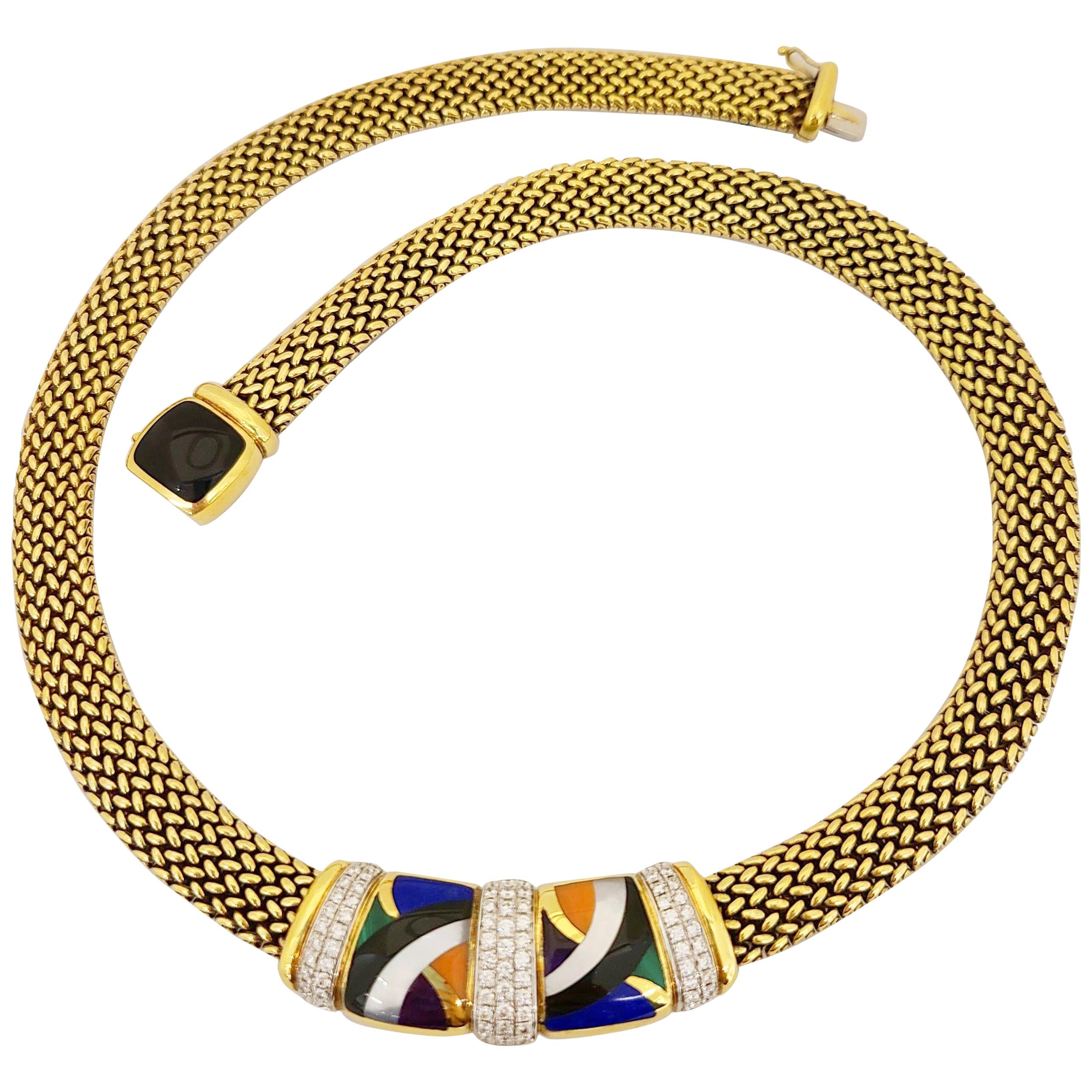 18 Karat Gelbgold Halskette von Asch Grosbardt mit Diamanten und eingelegten Steinen im Angebot