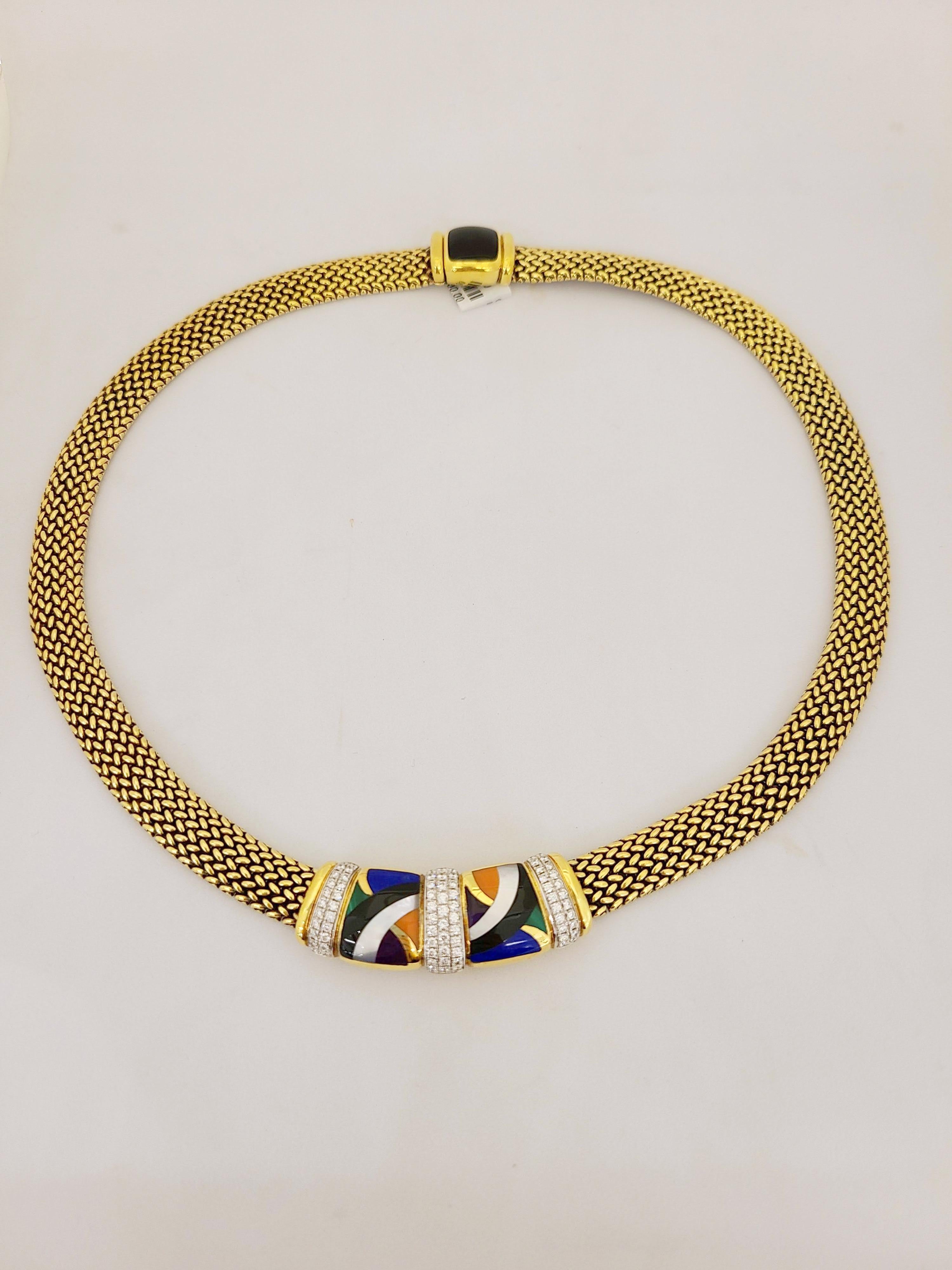 Contemporary Asch Grosbardt 18 Karat Yellow Gold Necklace with Diamonds and Inlaid Stones For Sale