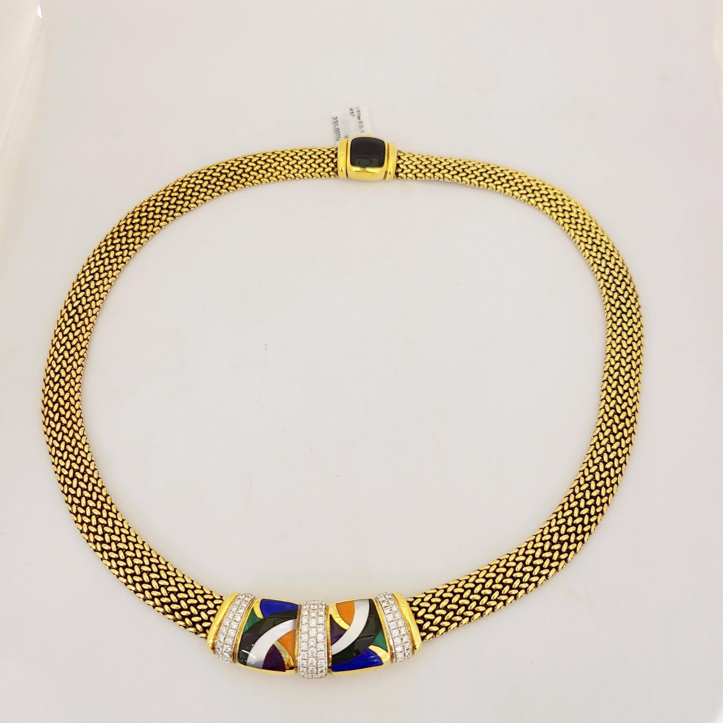Round Cut Asch Grosbardt 18 Karat Yellow Gold Necklace with Diamonds and Inlaid Stones For Sale