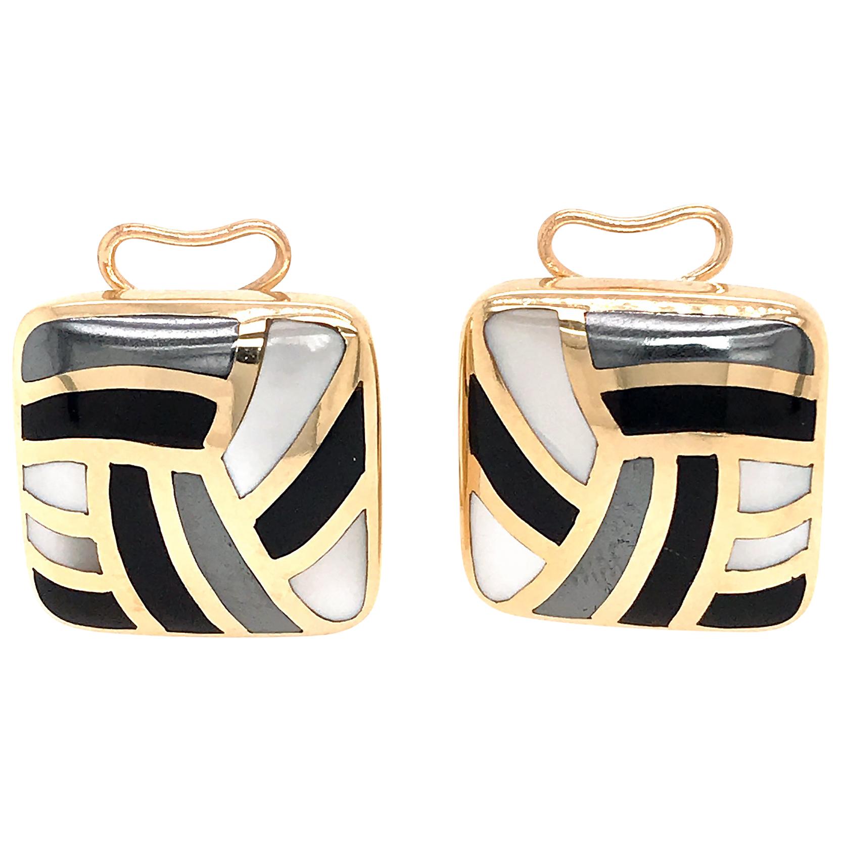 Asch Grossbardt 14 Karat Yellow Gold Mother of Pearl and Onyx Inlay Earrings