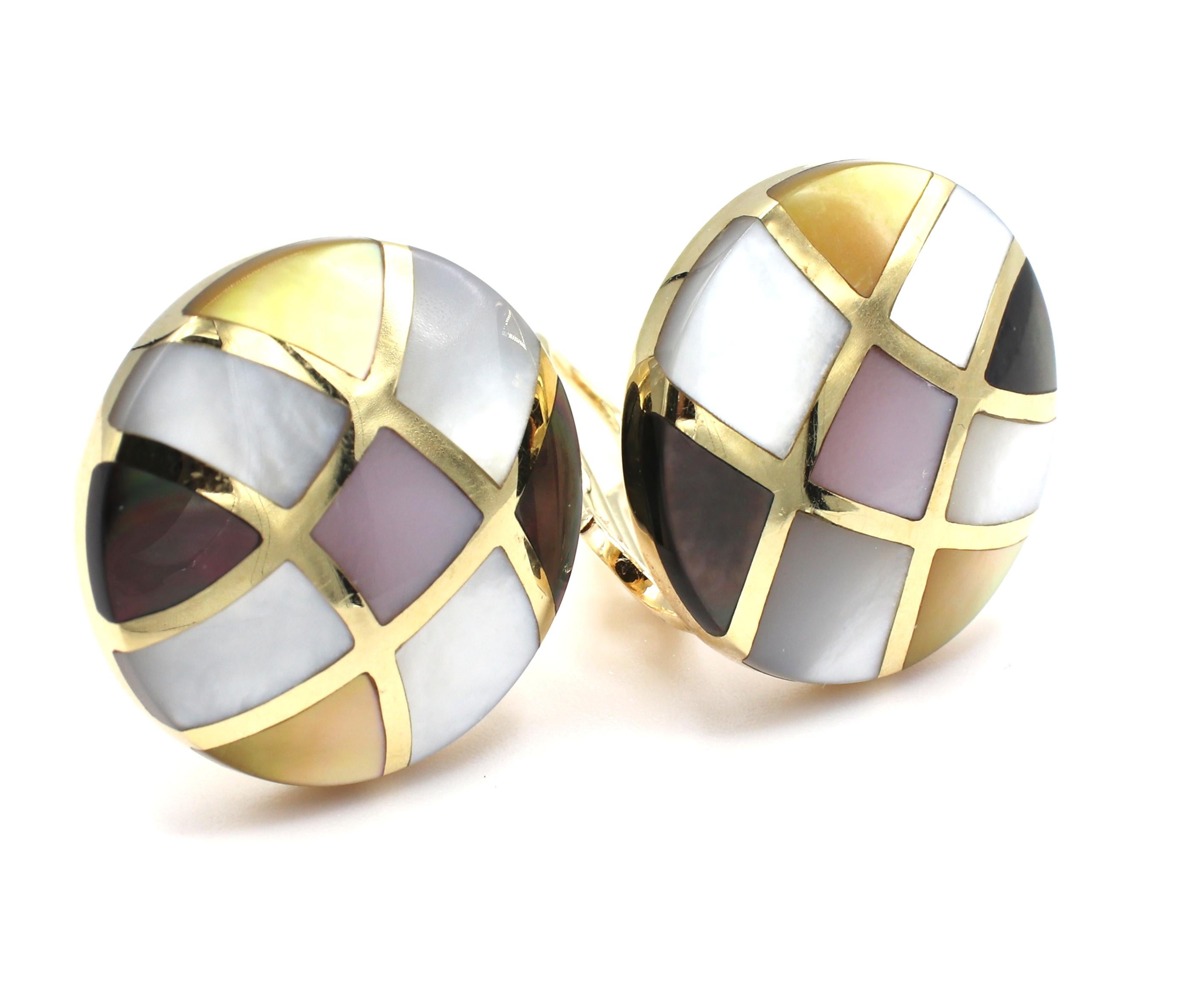 Asch Grossbardt 14 Karat Yellow Gold Mother of Pearl Inlay Button Earrings
Metal: 14k yellow gold
Weight: 12.55 grams
Diameter: 21.5mm
Backs: Levere backs, clip on
