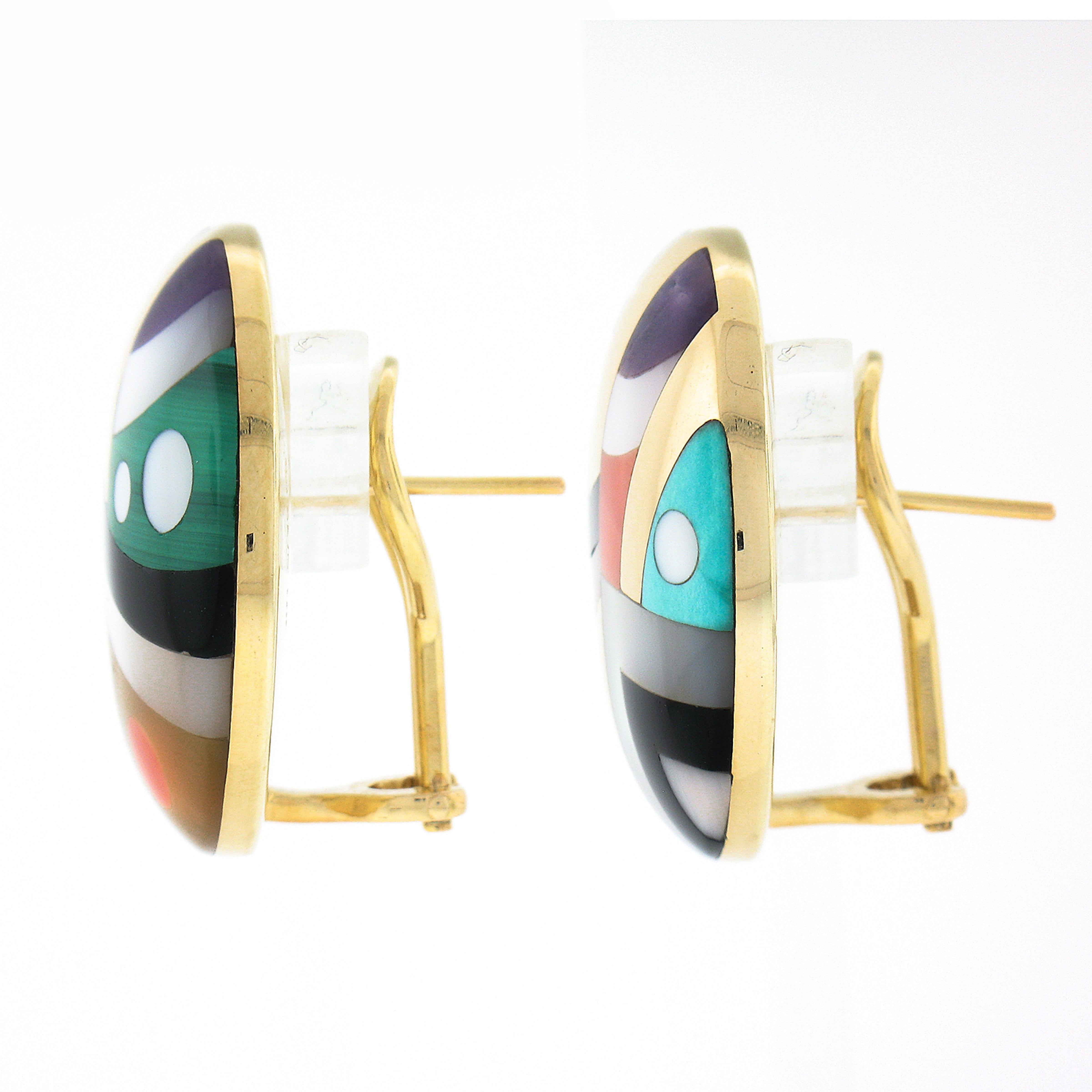 Round Cut Asch Grossbardt 14k Gold Multi Color Gemstone Inlay Large Round Button Earrings