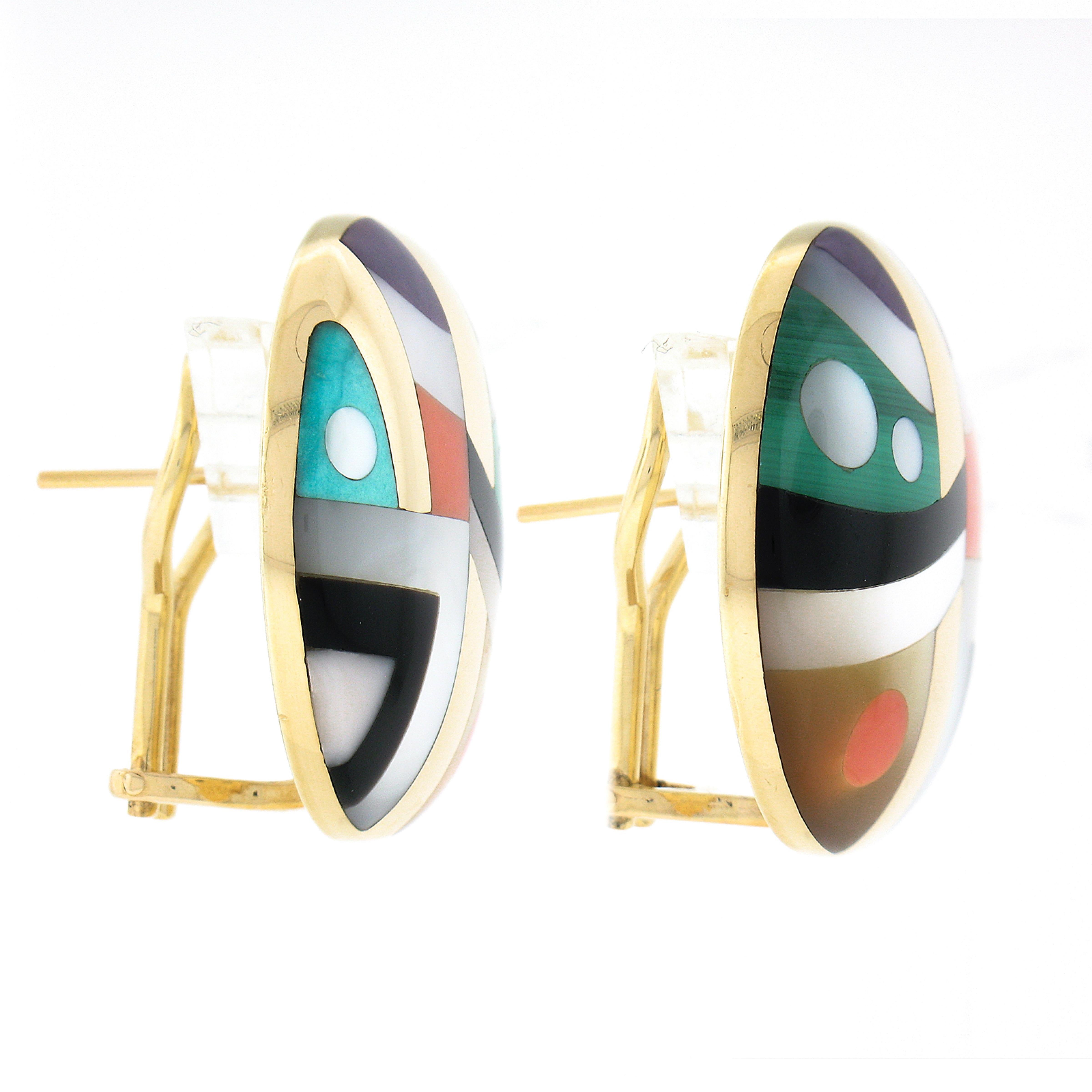 Asch Grossbardt 14k Gold Multi Color Gemstone Inlay Large Round Button Earrings In Good Condition In Montclair, NJ