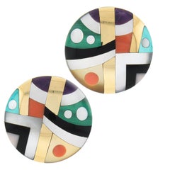 Asch Grossbardt 14k Gold Multi Color Gemstone Inlay Large Round Button Earrings