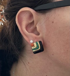 Asch Grossbardt 14k Gold Onyx Malachite Coral Geometric Square Button Earrings