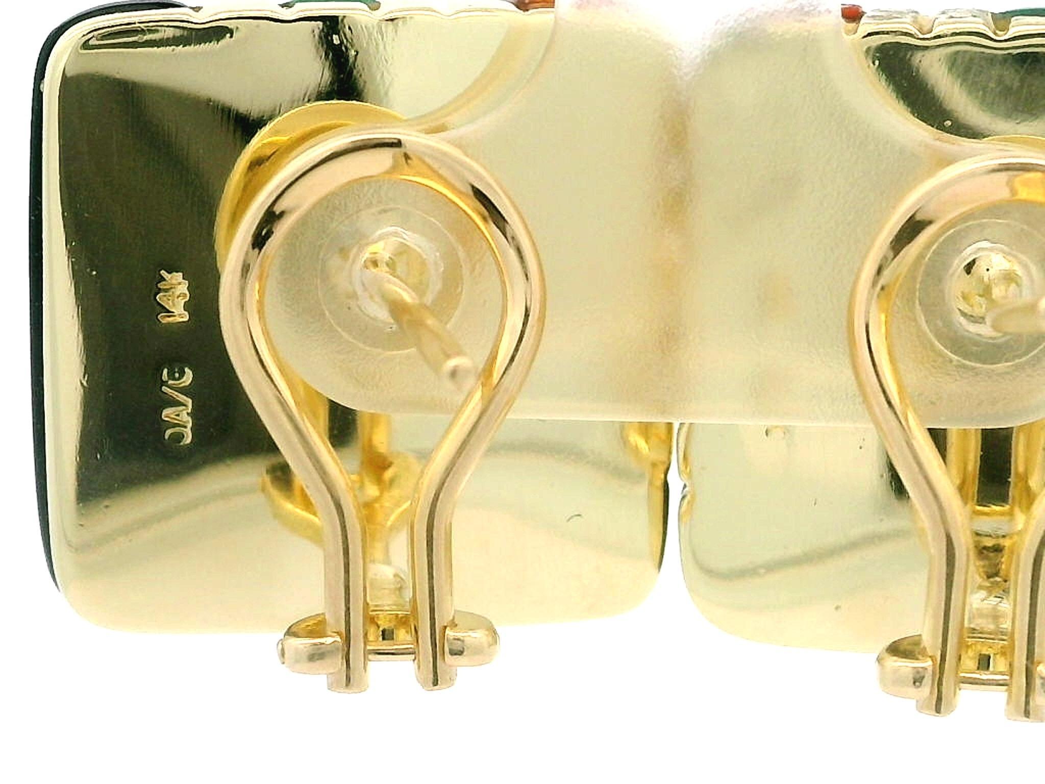 Uncut Asch Grossbardt 14k Gold Onyx Malachite Coral Geometric Square Button Earrings For Sale