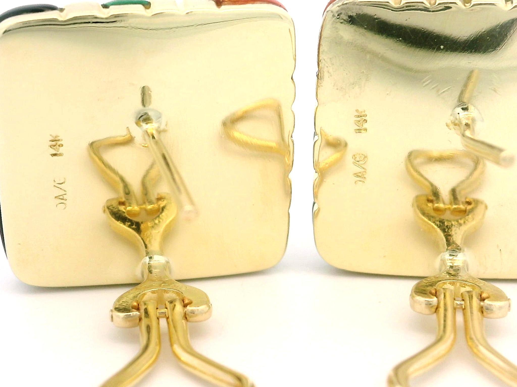 Asch Grossbardt 14k Gold Onyx Malachite Coral Geometric Square Button Earrings In Excellent Condition For Sale In Montclair, NJ