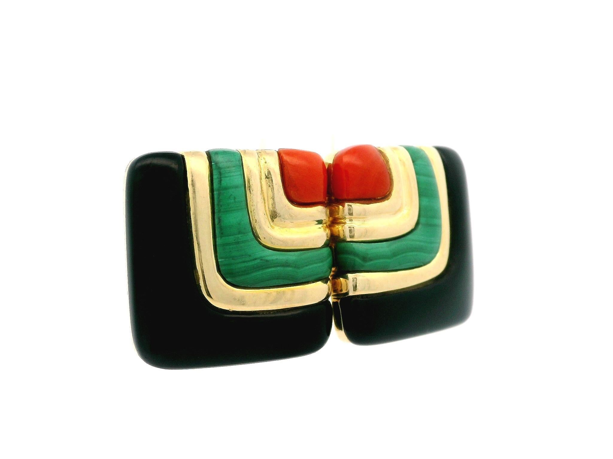 Asch Grossbardt 14k Gold Onyx Malachite Coral Geometric Square Button Earrings For Sale 1