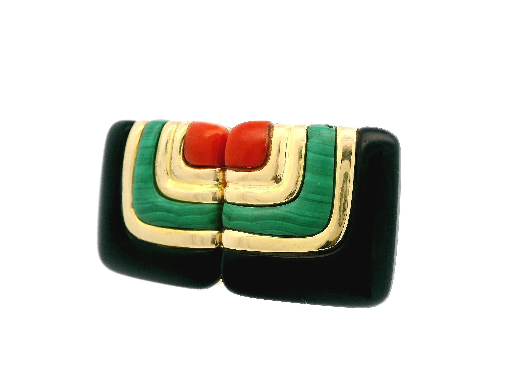 Asch Grossbardt 14k Gold Onyx Malachite Coral Geometric Square Button Earrings For Sale 2