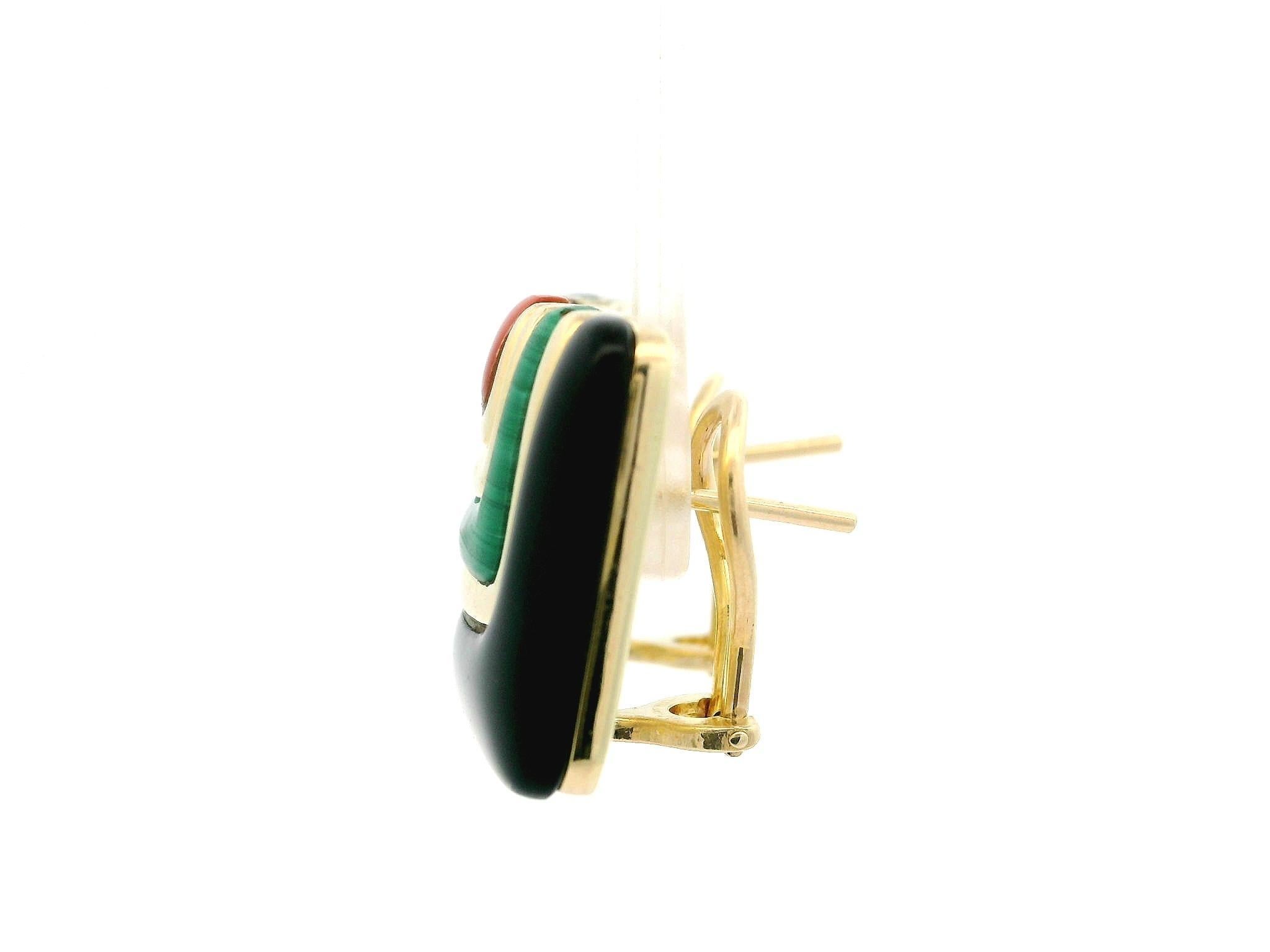 Asch Grossbardt 14k Gold Onyx Malachite Coral Geometric Square Button Earrings For Sale 3