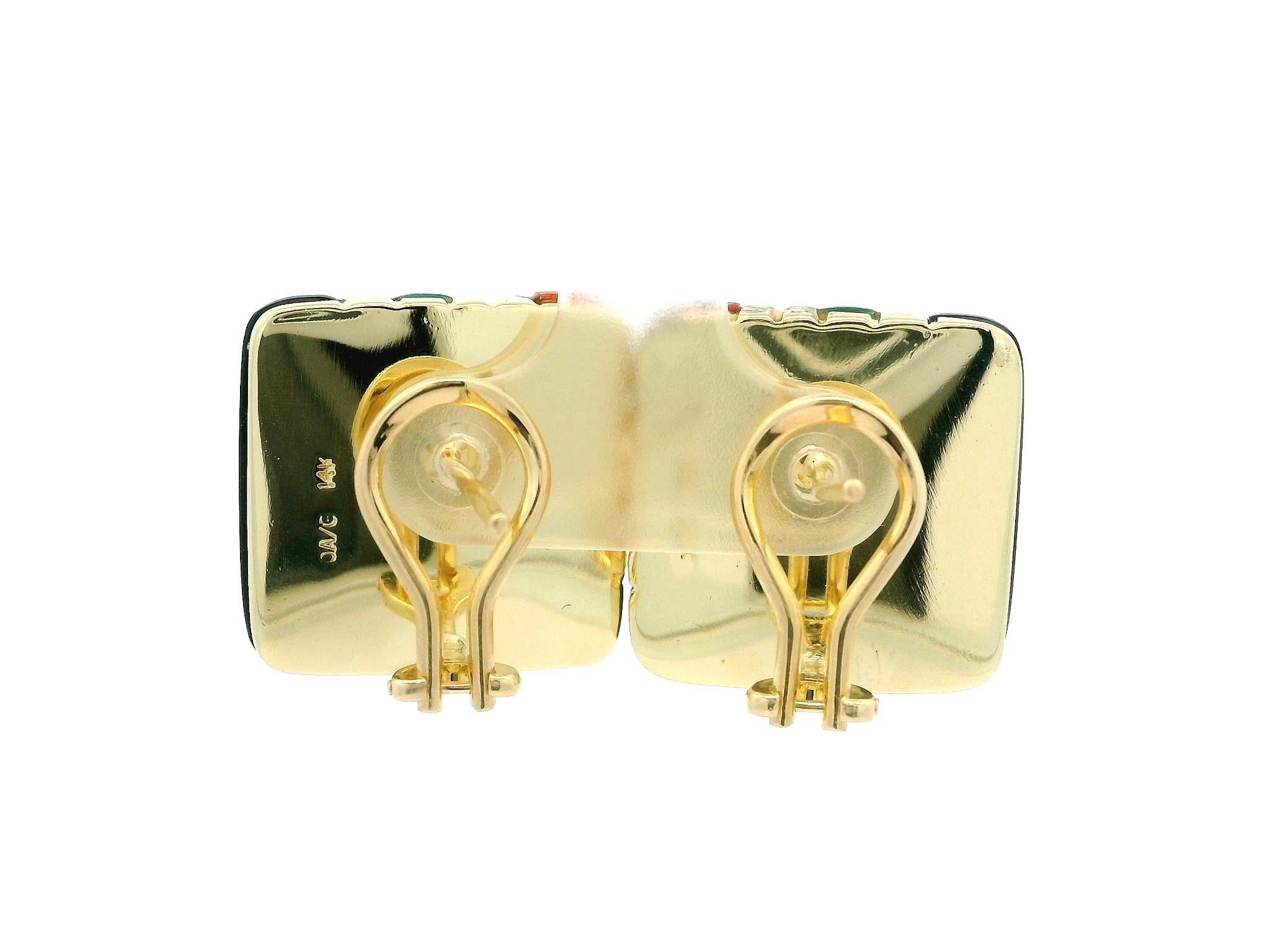 Asch Grossbardt 14k Gold Onyx Malachite Coral Geometric Square Button Earrings For Sale 4