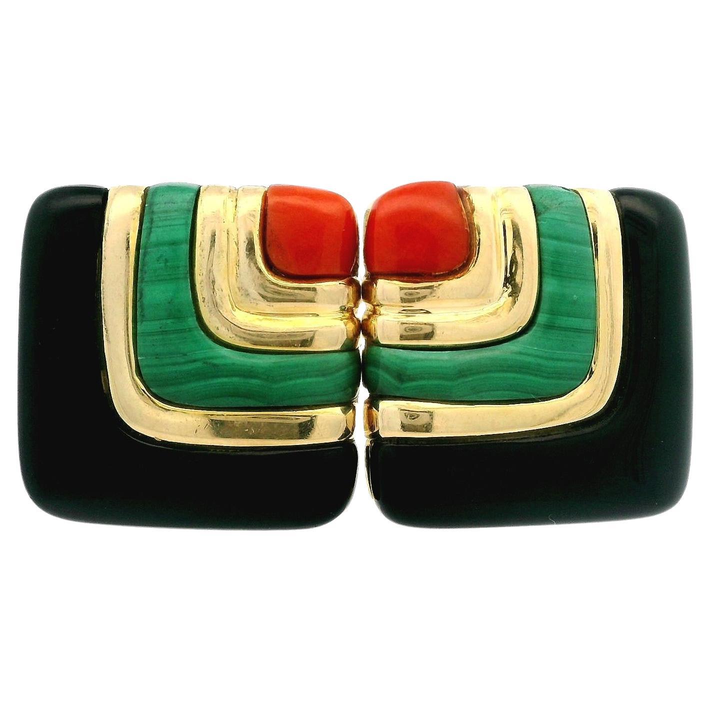 Asch Grossbardt 14k Gold Onyx Malachite Coral Geometric Square Button Earrings