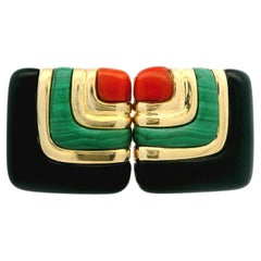 Asch Grossbardt 14k Gold Onyx Malachite Coral Geometric Square Button Earrings