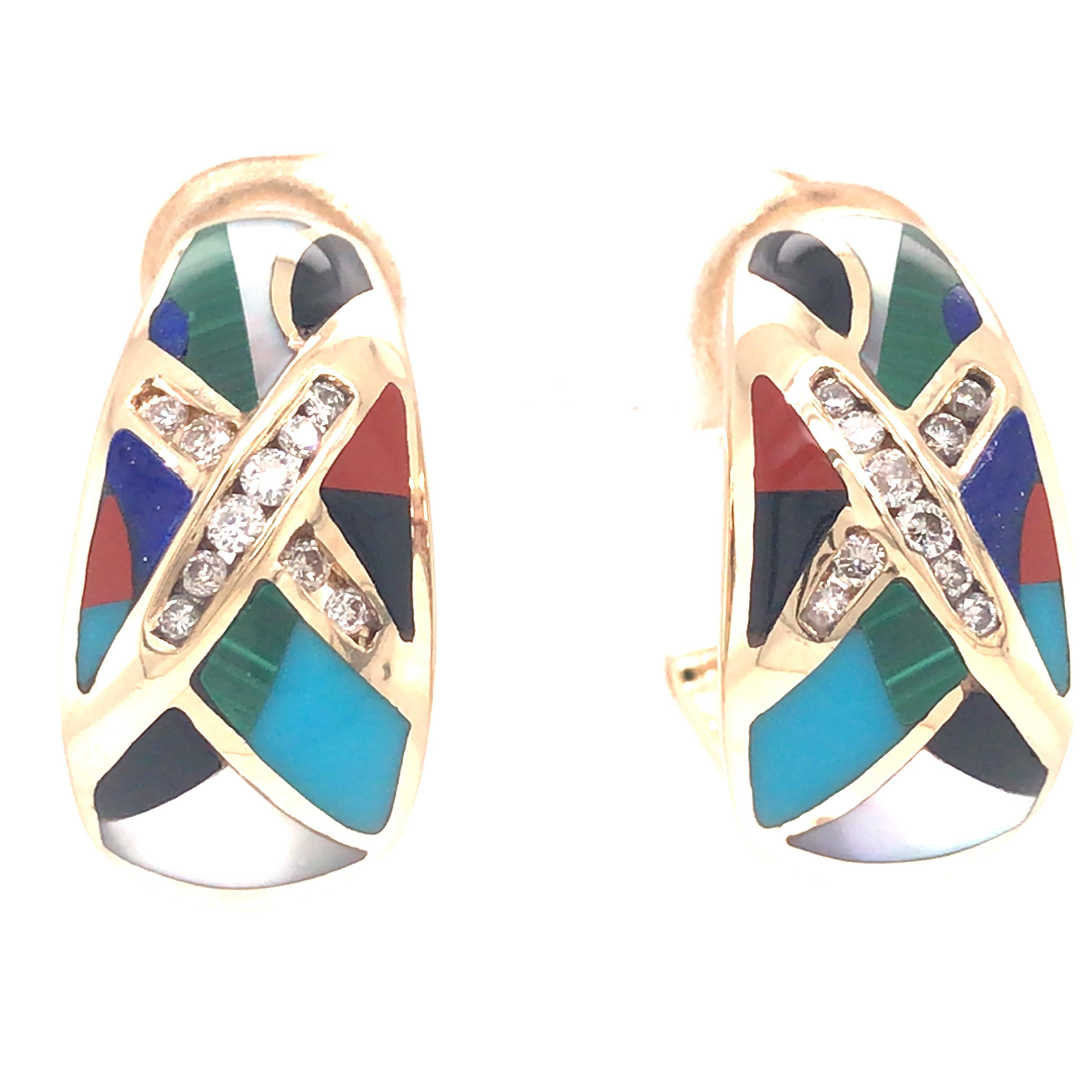 Asch Grossbardt Multistone Diamond Huggie Earring in 14K Yellow Gold.  Onyx; Mother of Pearl; Malachite; Turquoise and Carnelian re expertly set with an inset of Round Brilliant Cut Diamonds weighing 0.30 carat total weight, G-H in color and VS-SI