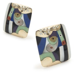 Asch Grossbardt 18k Yellow Gold Diamond and Multi Gemstone Inlay Square Earrings